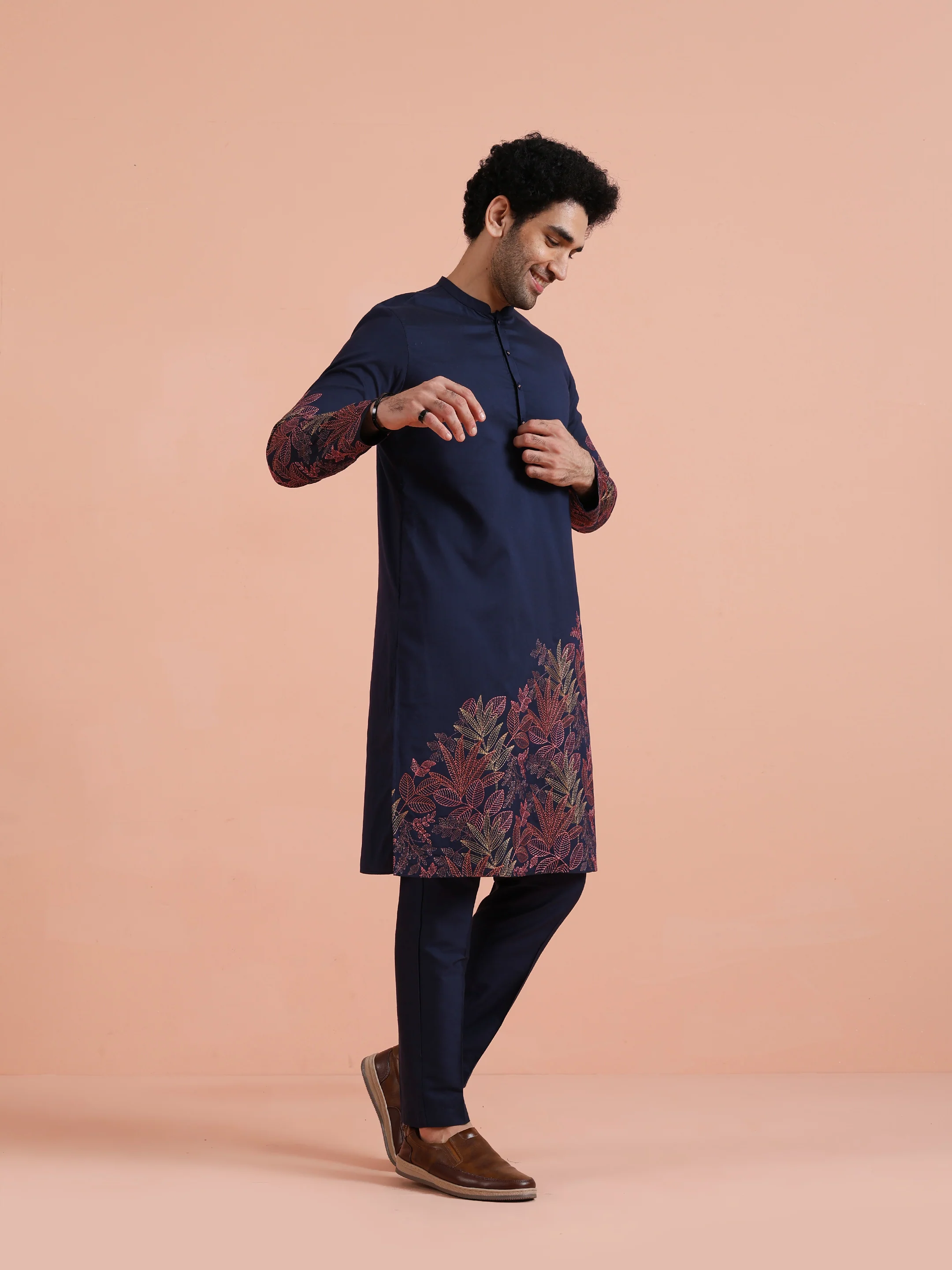 Navy Blue Floral Embroidered Kurta Trouser Set - Image 3