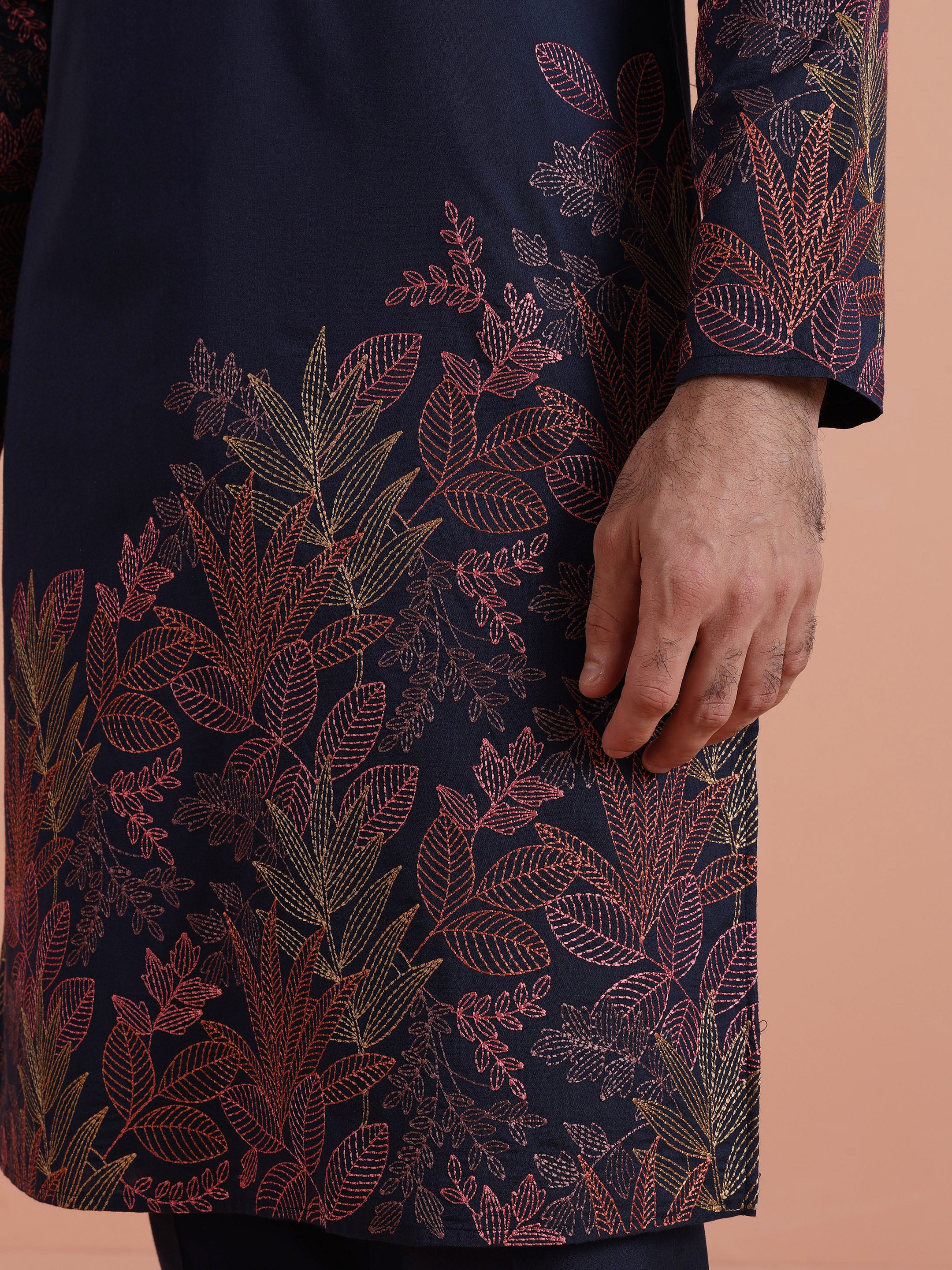 Navy Blue Floral Embroidered Kurta Trouser Set - Image 6