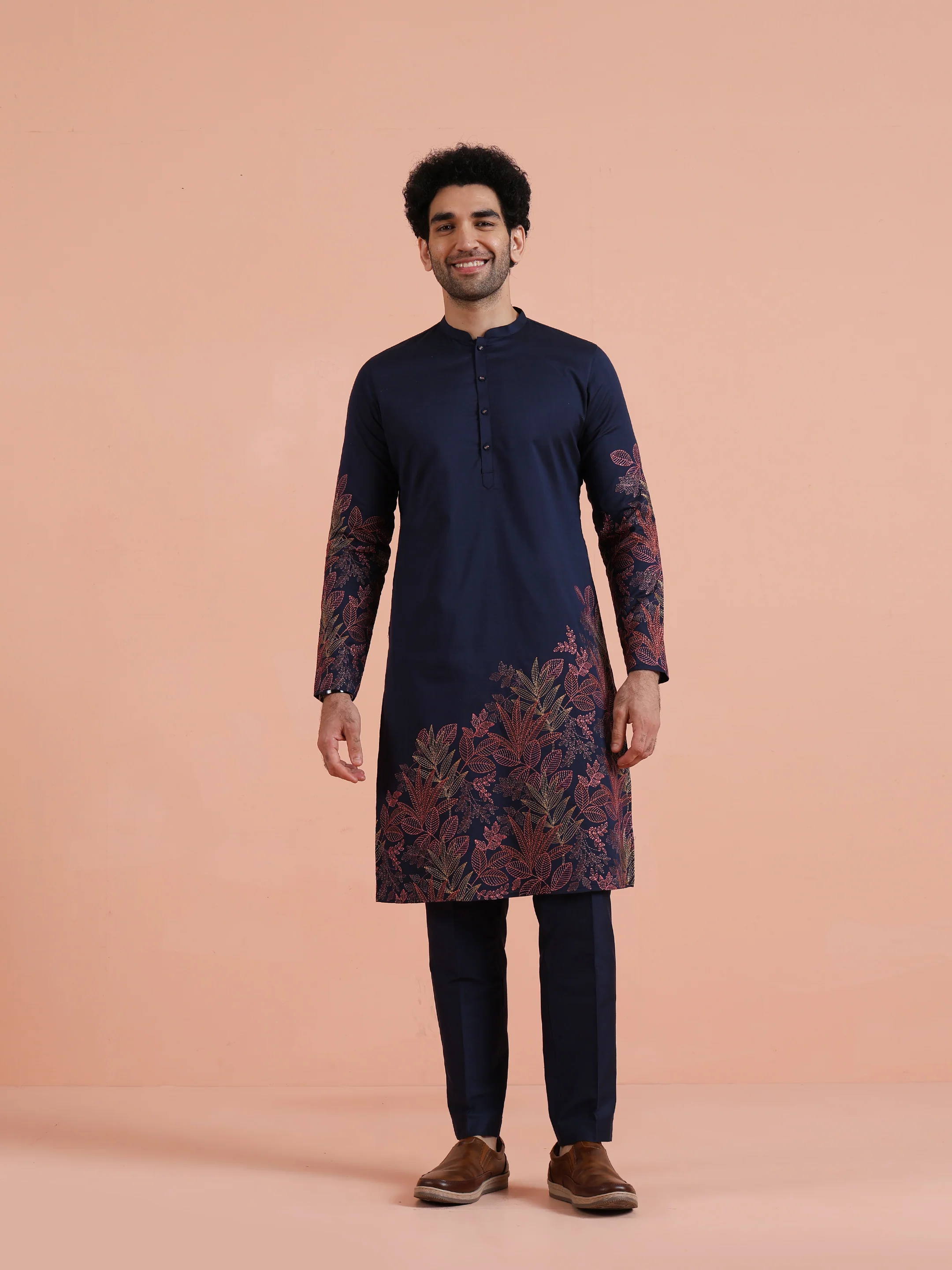 Navy Blue Floral Embroidered Kurta Trouser Set - Image 9