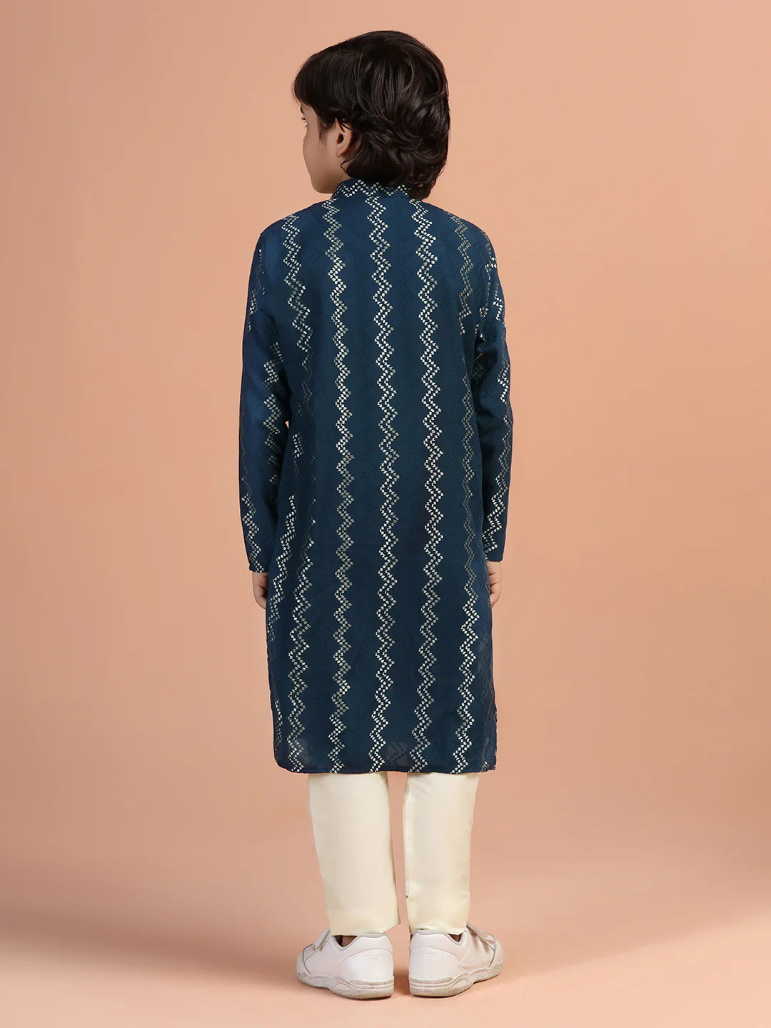 Navy Blue Jacquard Kids Kurta Set - Image 4