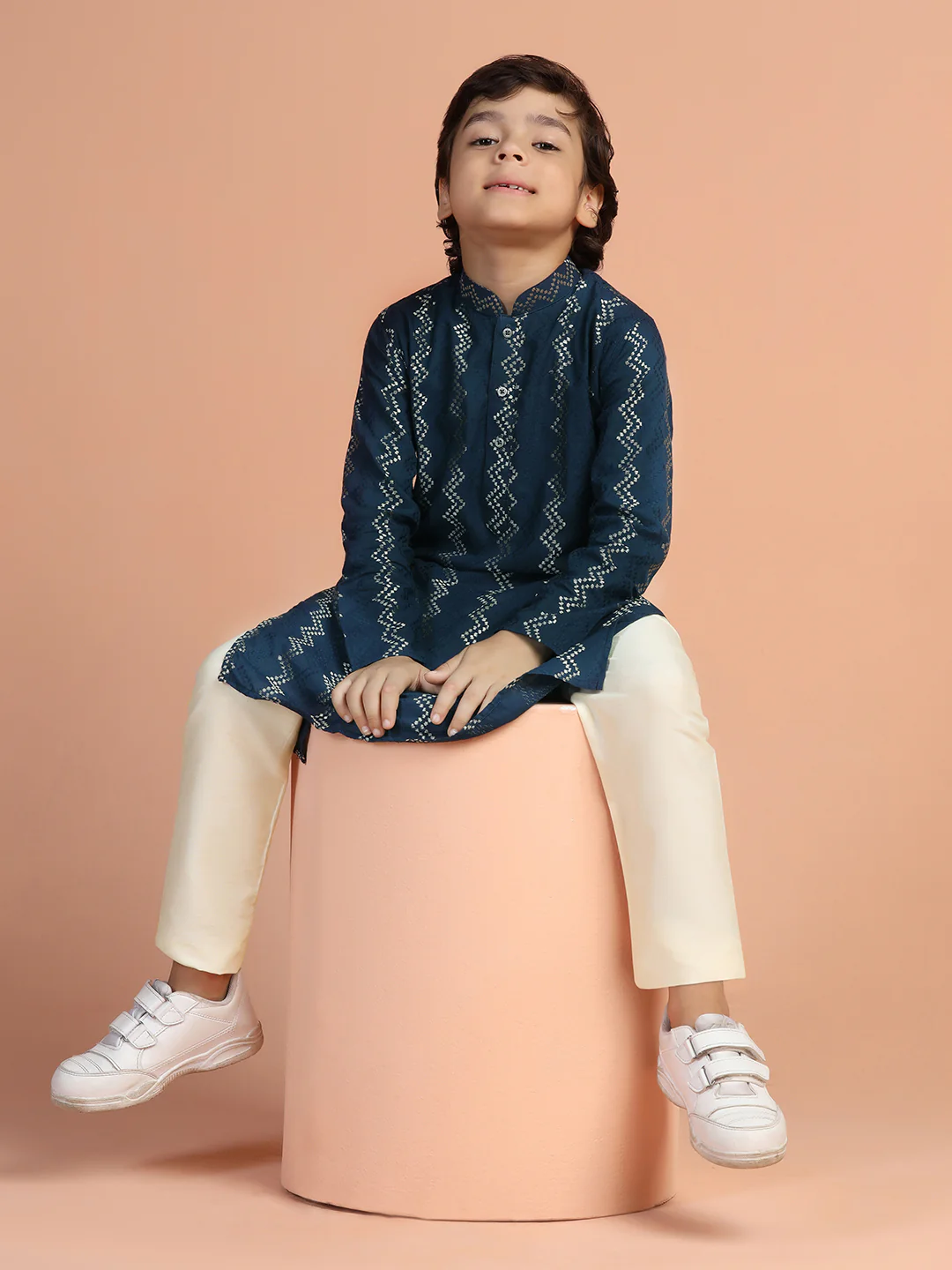 Navy Blue Jacquard Kids Kurta Set - Image 8