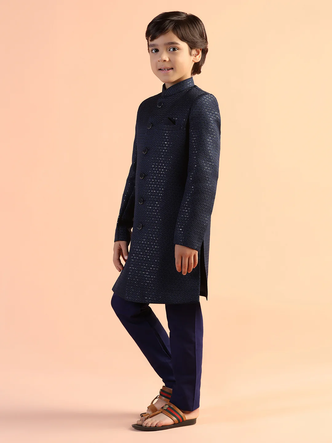 Navy Blue Jacquard Kids Sherwani Set - Image 2