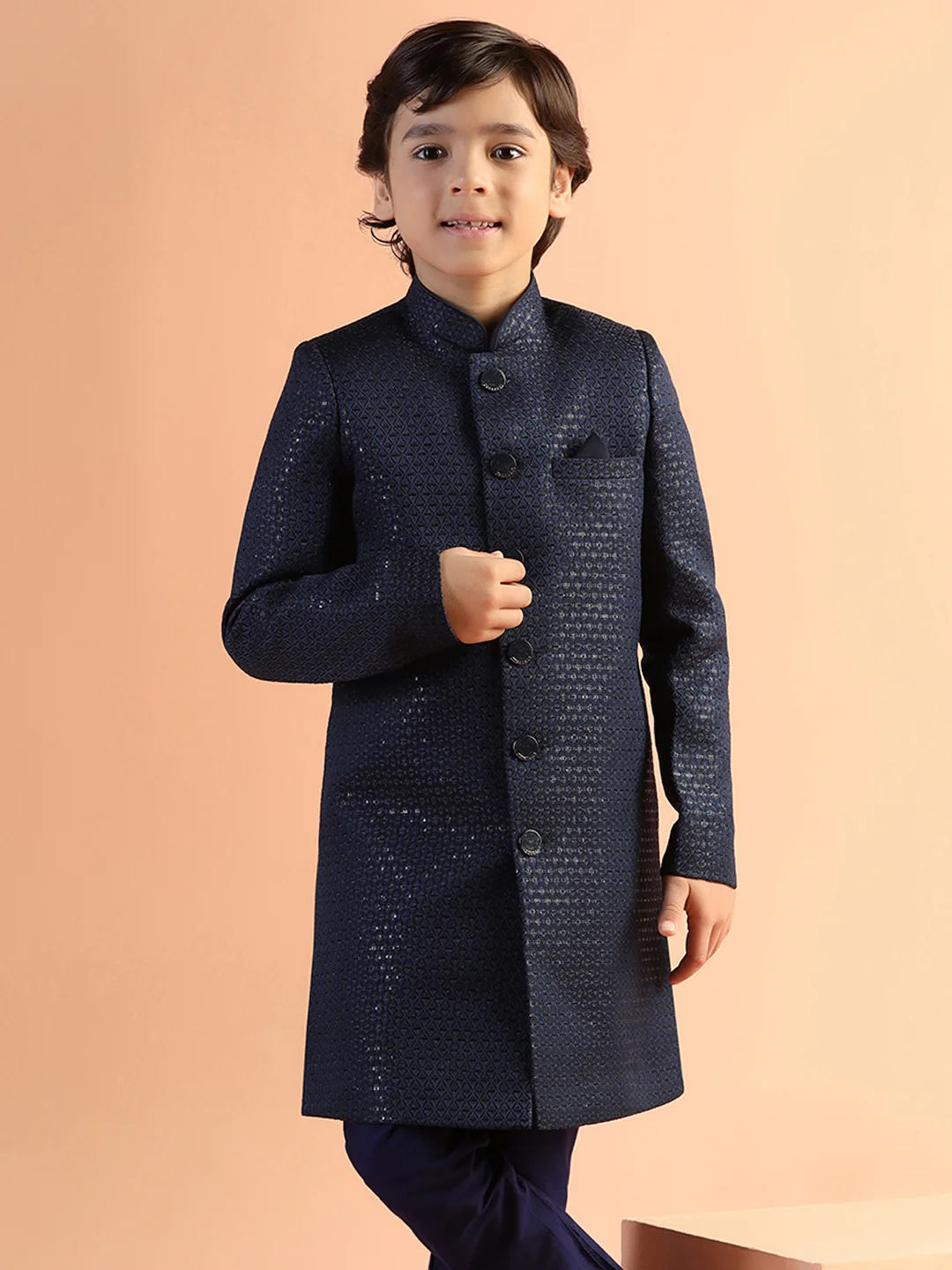 Navy Blue Jacquard Kids Sherwani Set - Image 8