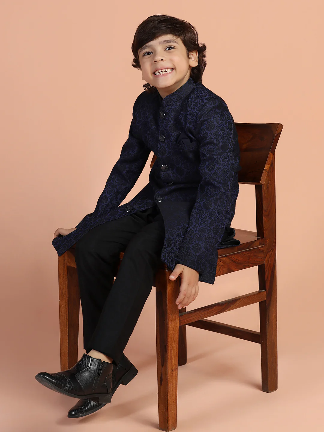 Navy Blue Jacquard Kids Sherwani Set