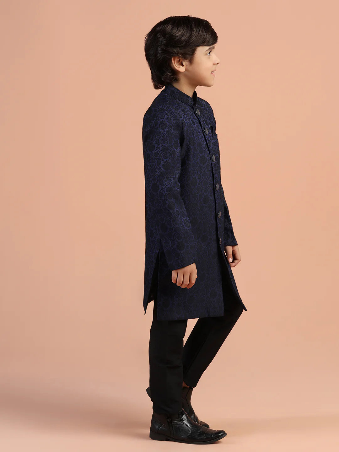 Navy Blue Jacquard Kids Sherwani Set - Image 2