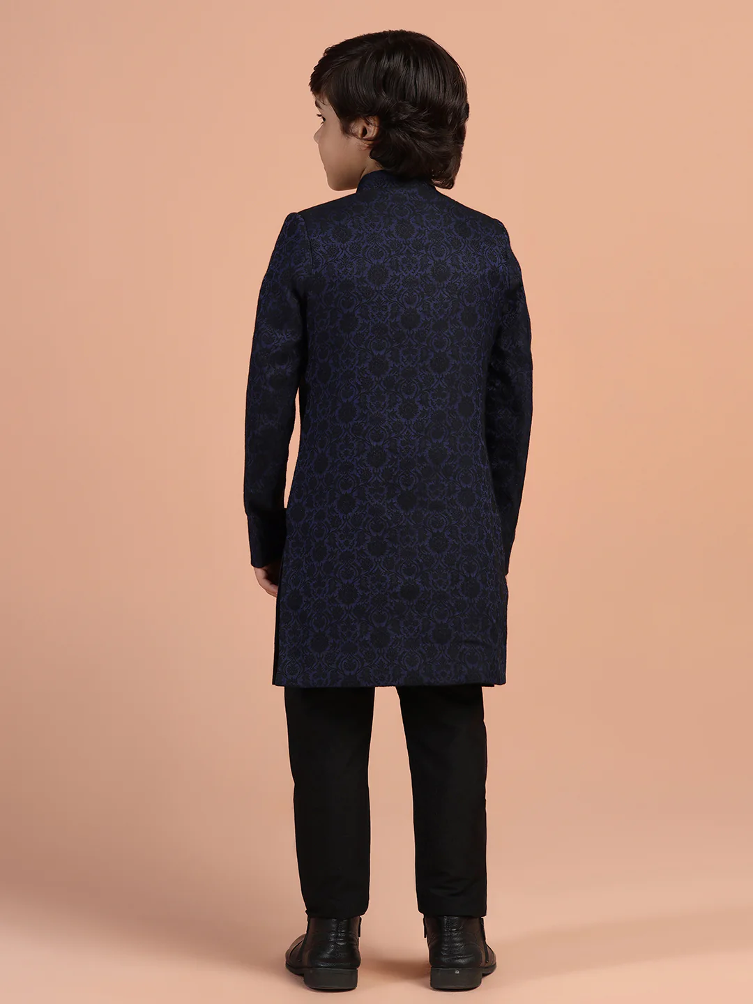 Navy Blue Jacquard Kids Sherwani Set - Image 4