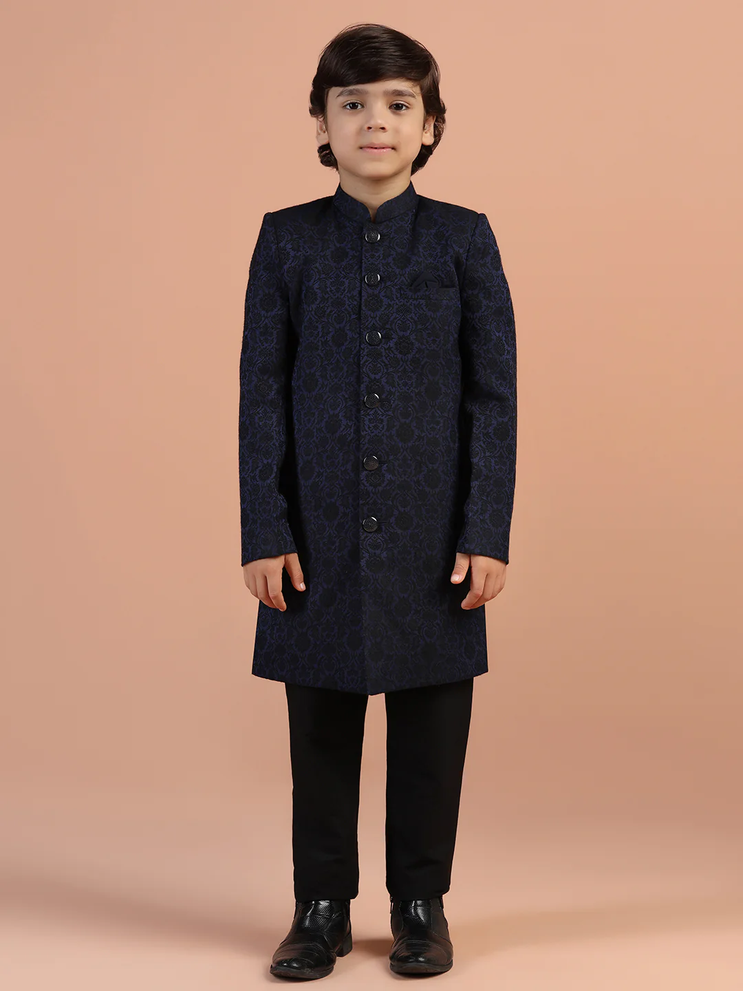 Navy Blue Jacquard Kids Sherwani Set - Image 7