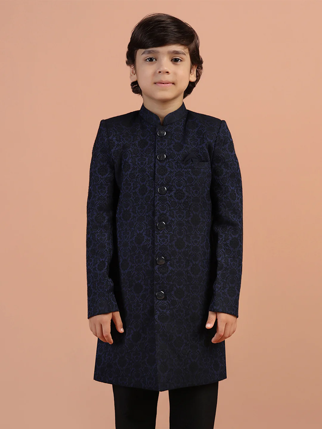 Navy Blue Jacquard Kids Sherwani Set - Image 9