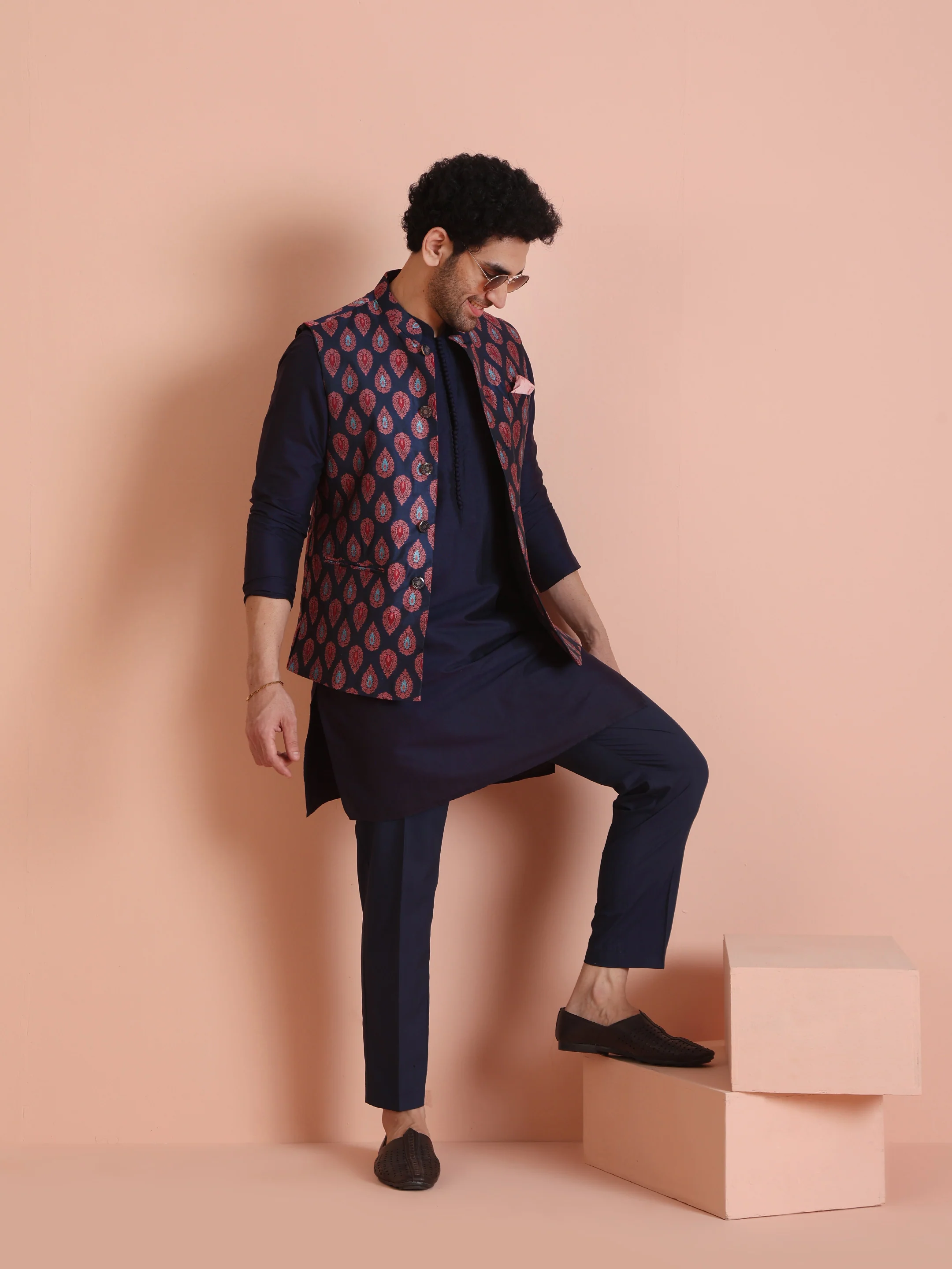 Navy Blue Jacquard Silk Blend Kurta Jacket Set