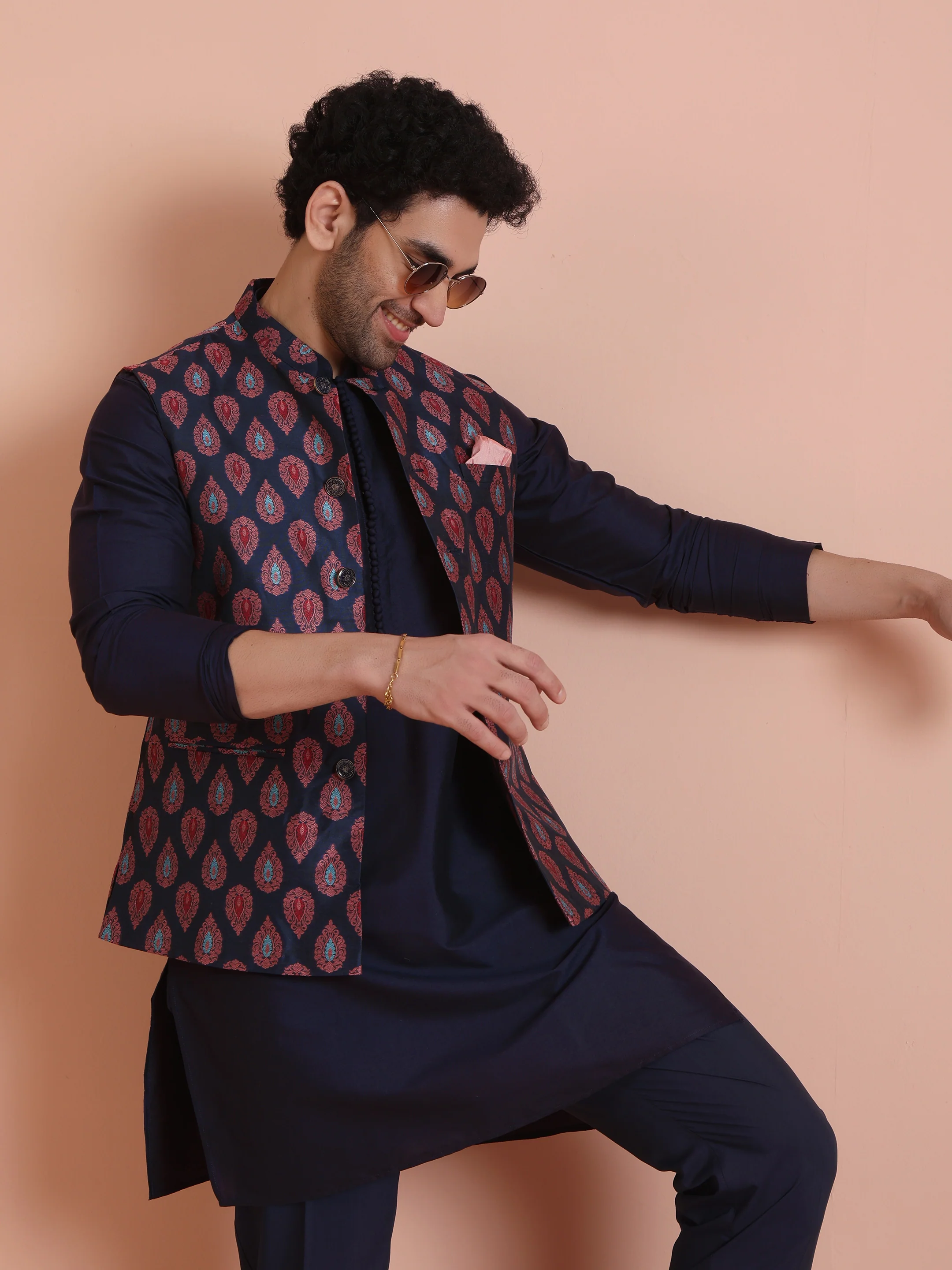 Navy Blue Jacquard Silk Blend Kurta Jacket Set - Image 10