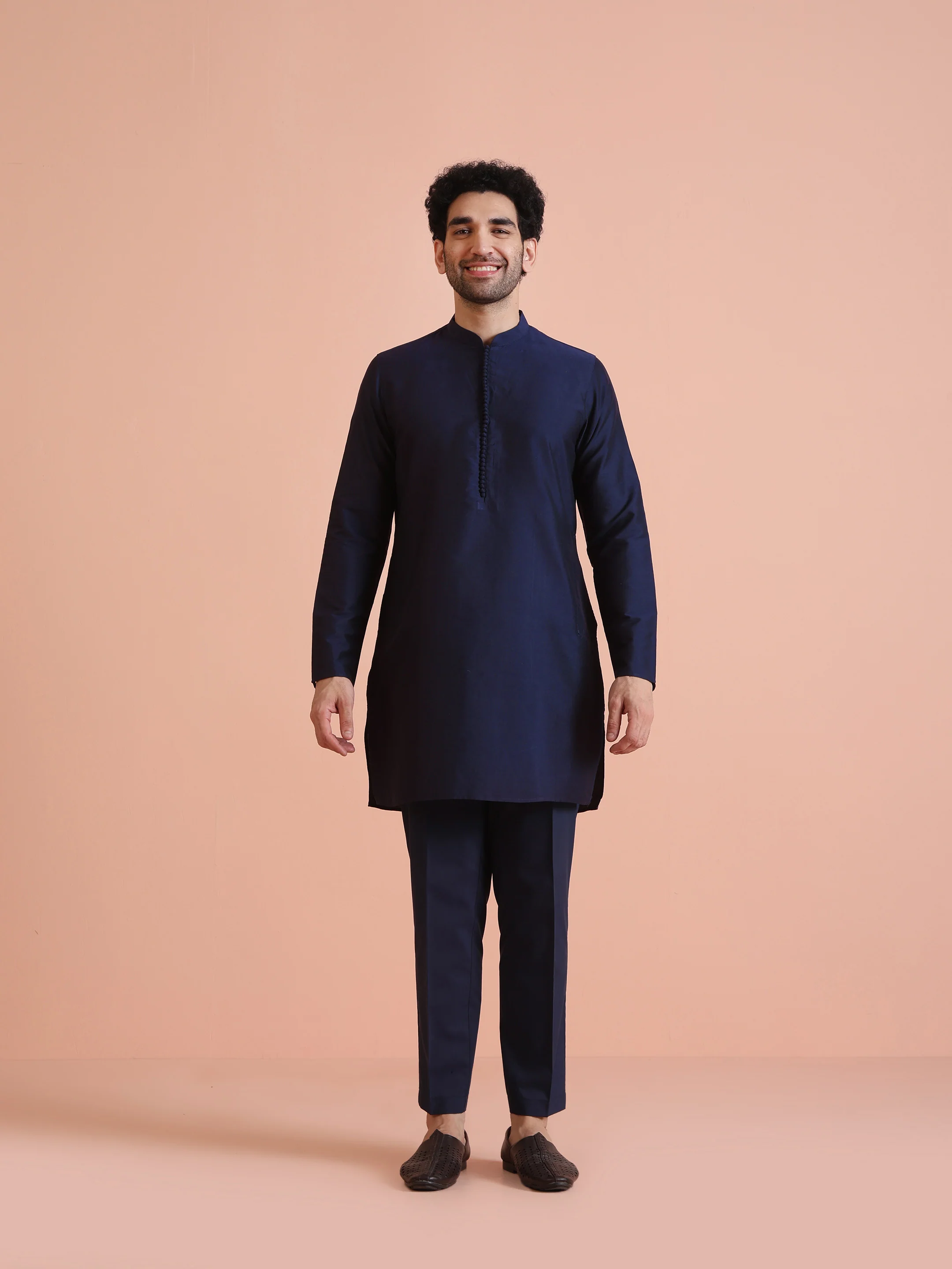 Navy Blue Jacquard Silk Blend Kurta Jacket Set - Image 7