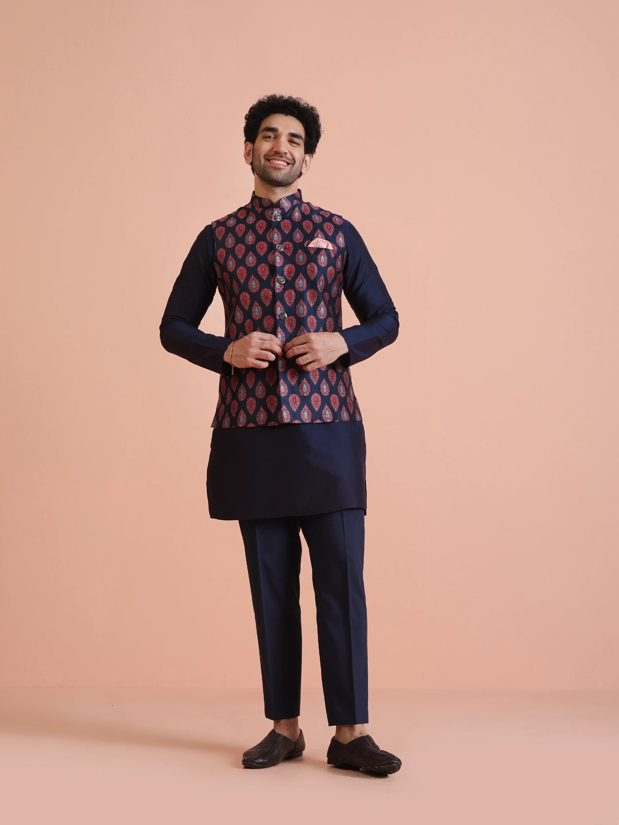 Navy Blue Jacquard Silk Blend Kurta Jacket Set - Image 9