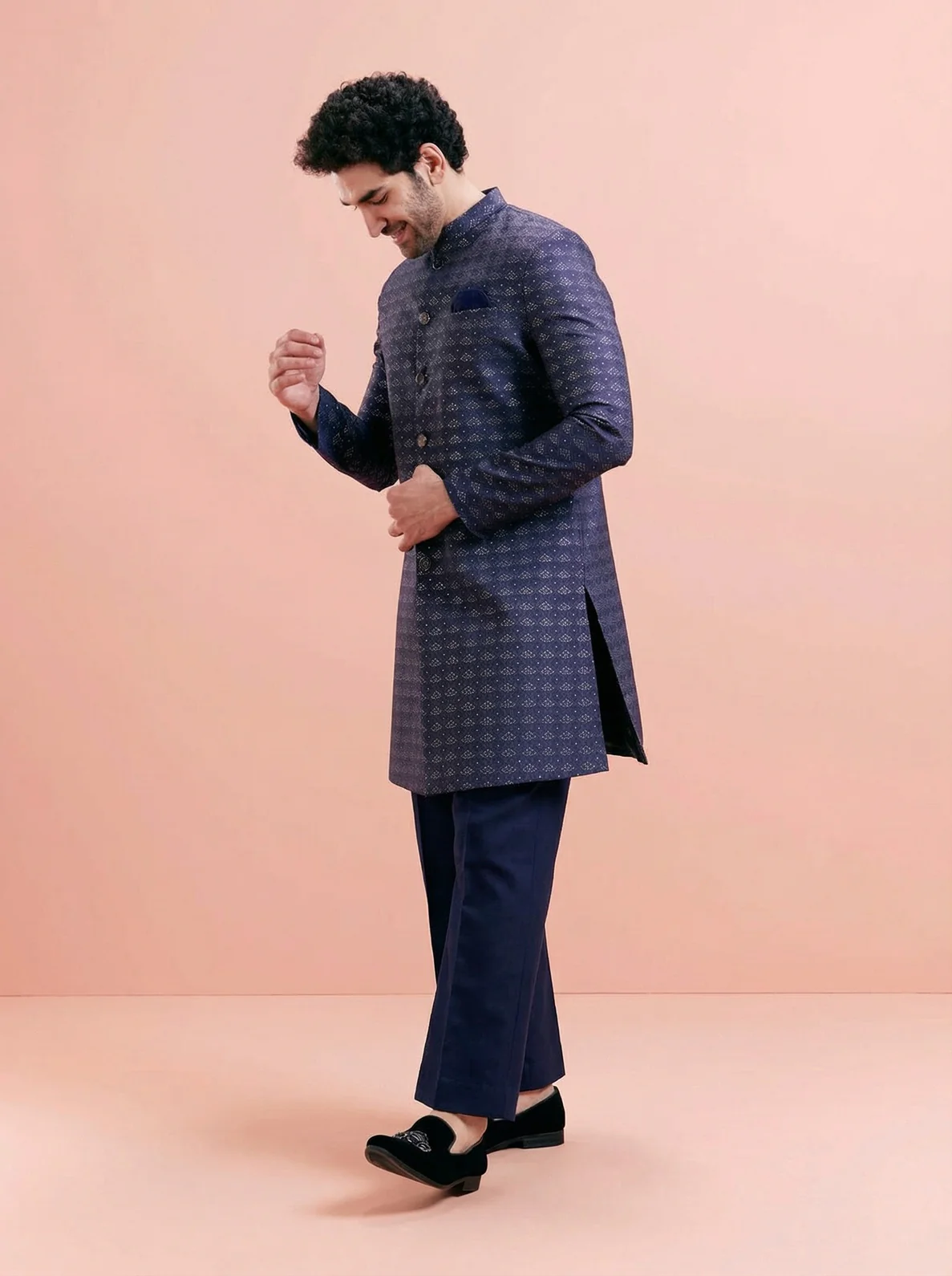 Navy Blue Jacquard Woven Design Sherwani Wide Leg Trouser Set - Image 2