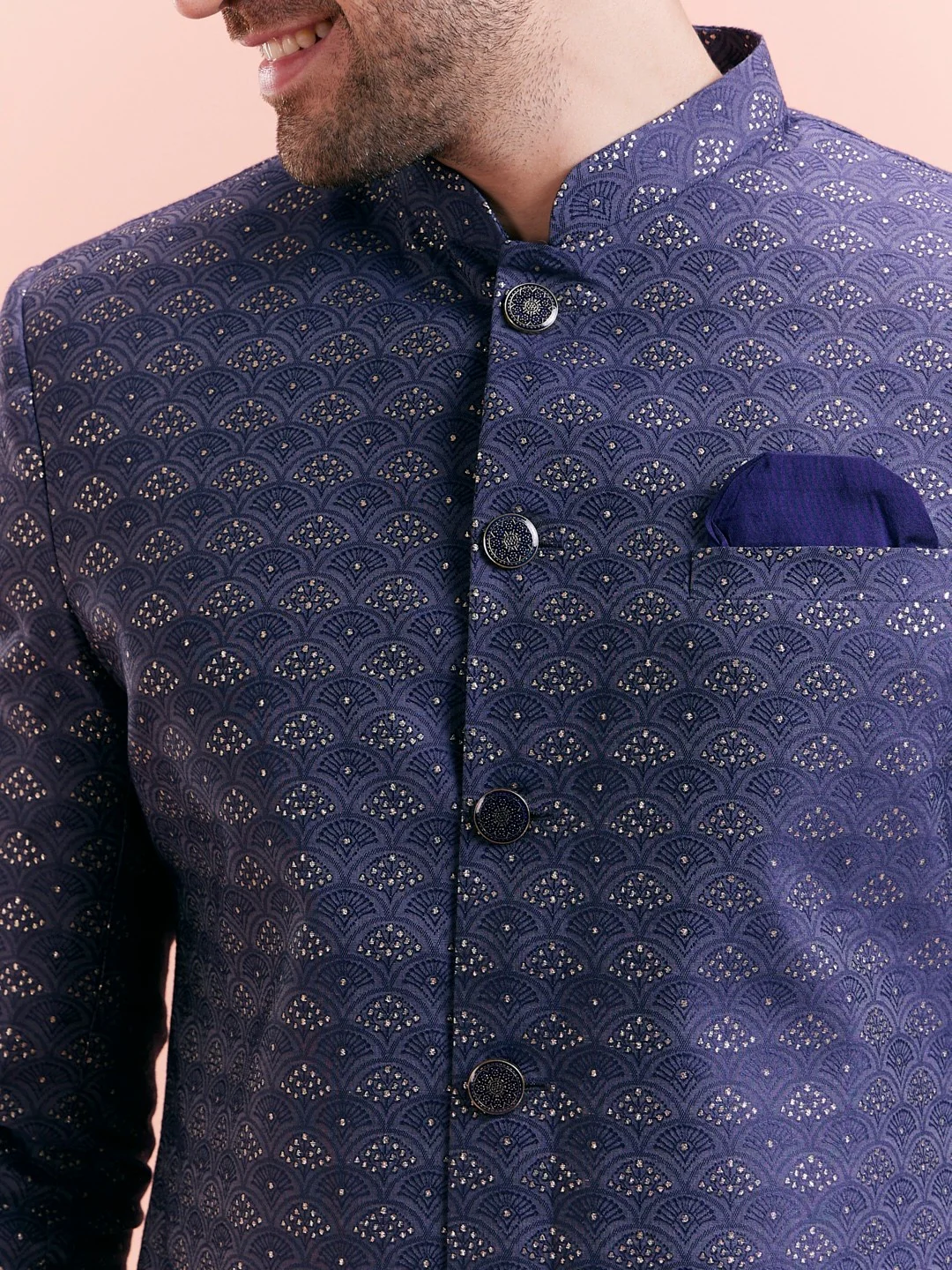 Navy Blue Jacquard Woven Design Sherwani Wide Leg Trouser Set - Image 4
