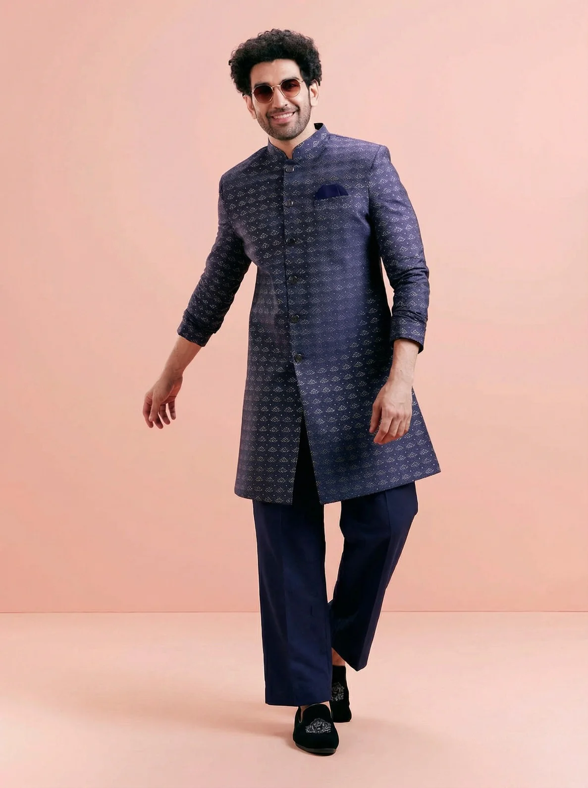 Navy Blue Jacquard Woven Design Sherwani Wide Leg Trouser Set - Image 6