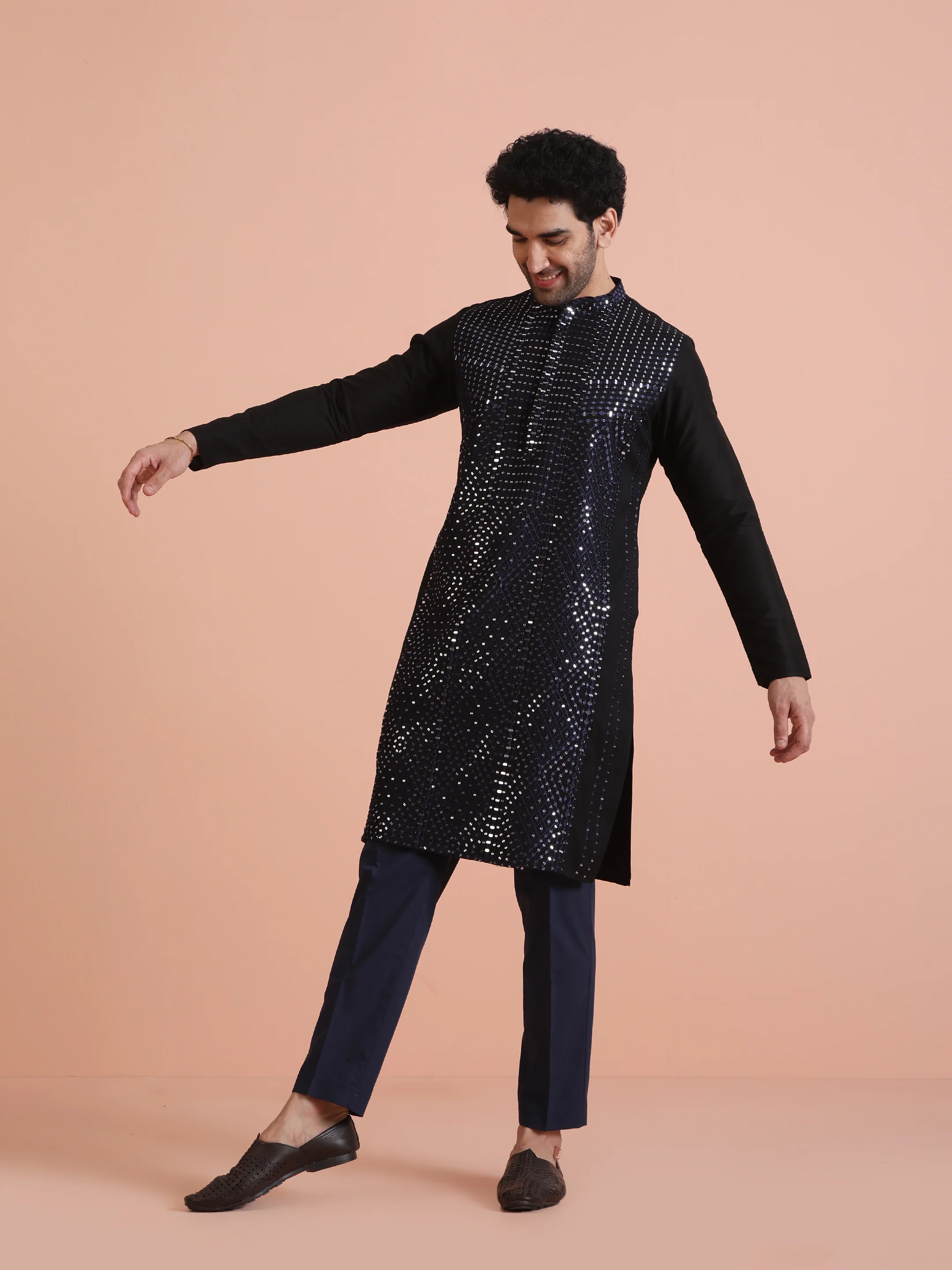 Navy Blue Poly Silk Embellished Kurta - Image 3