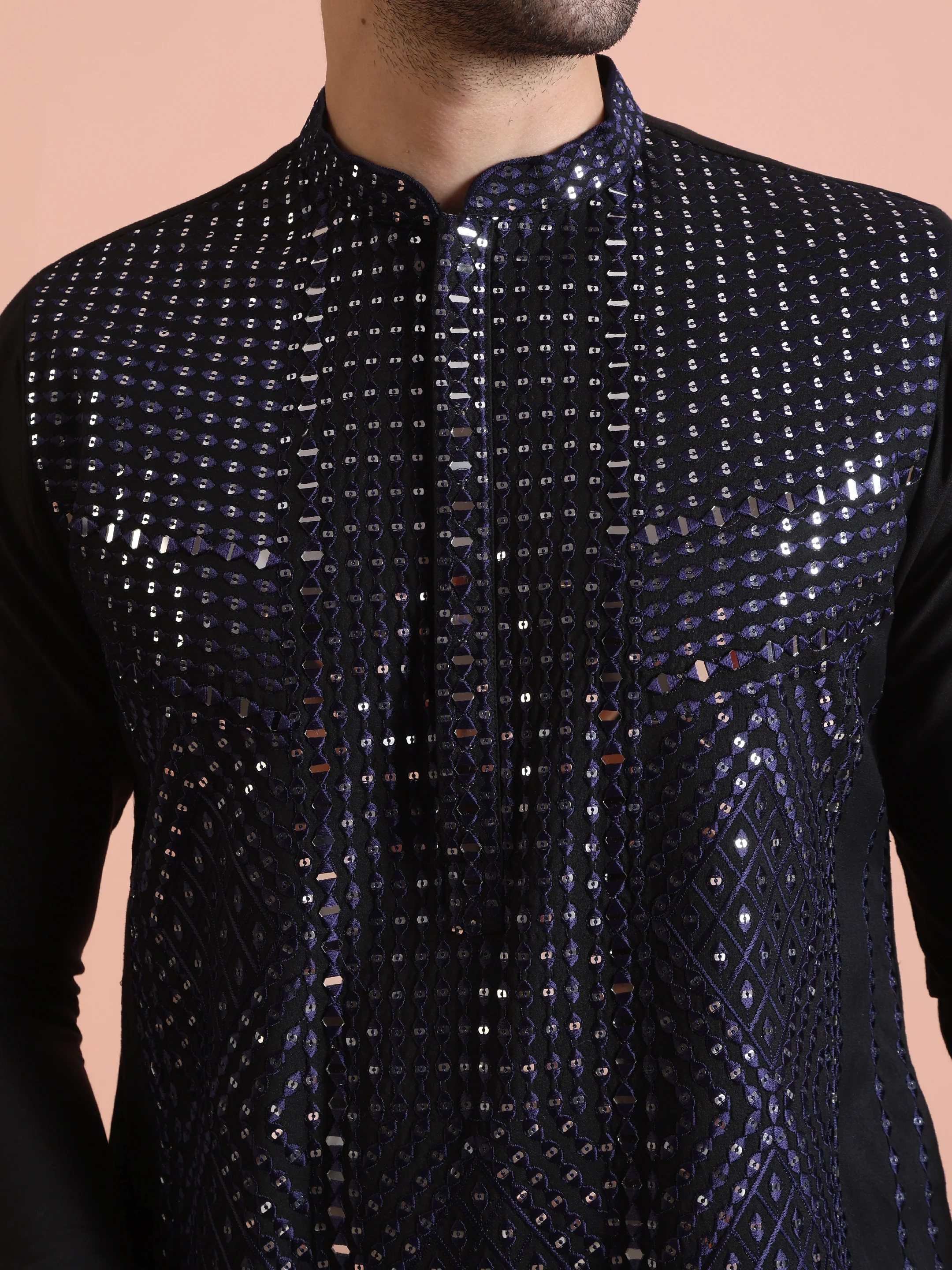 Navy Blue Poly Silk Embellished Kurta - Image 5