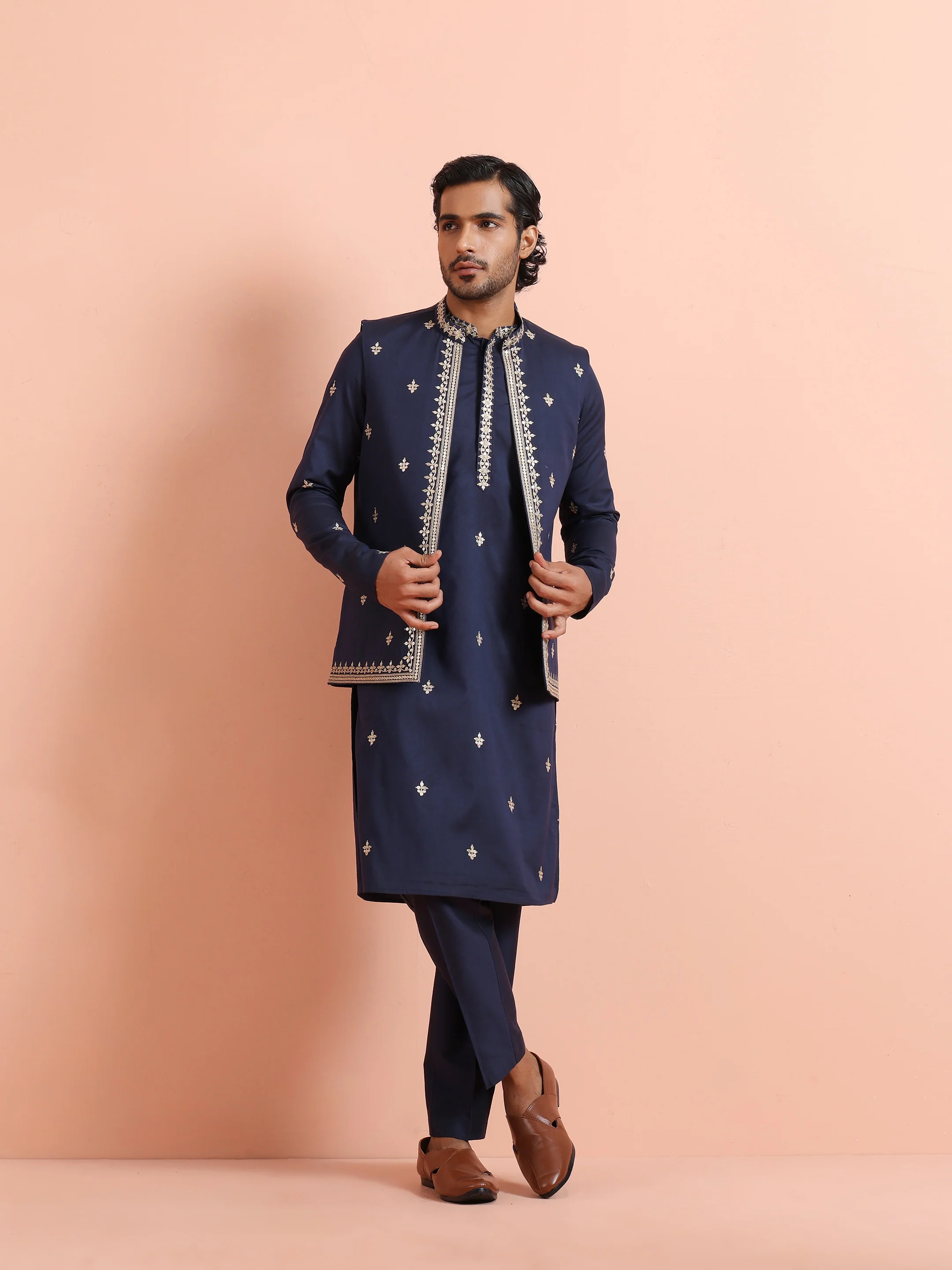 Navy Blue Silk Embroidered Jacket Kurta Trouser Set