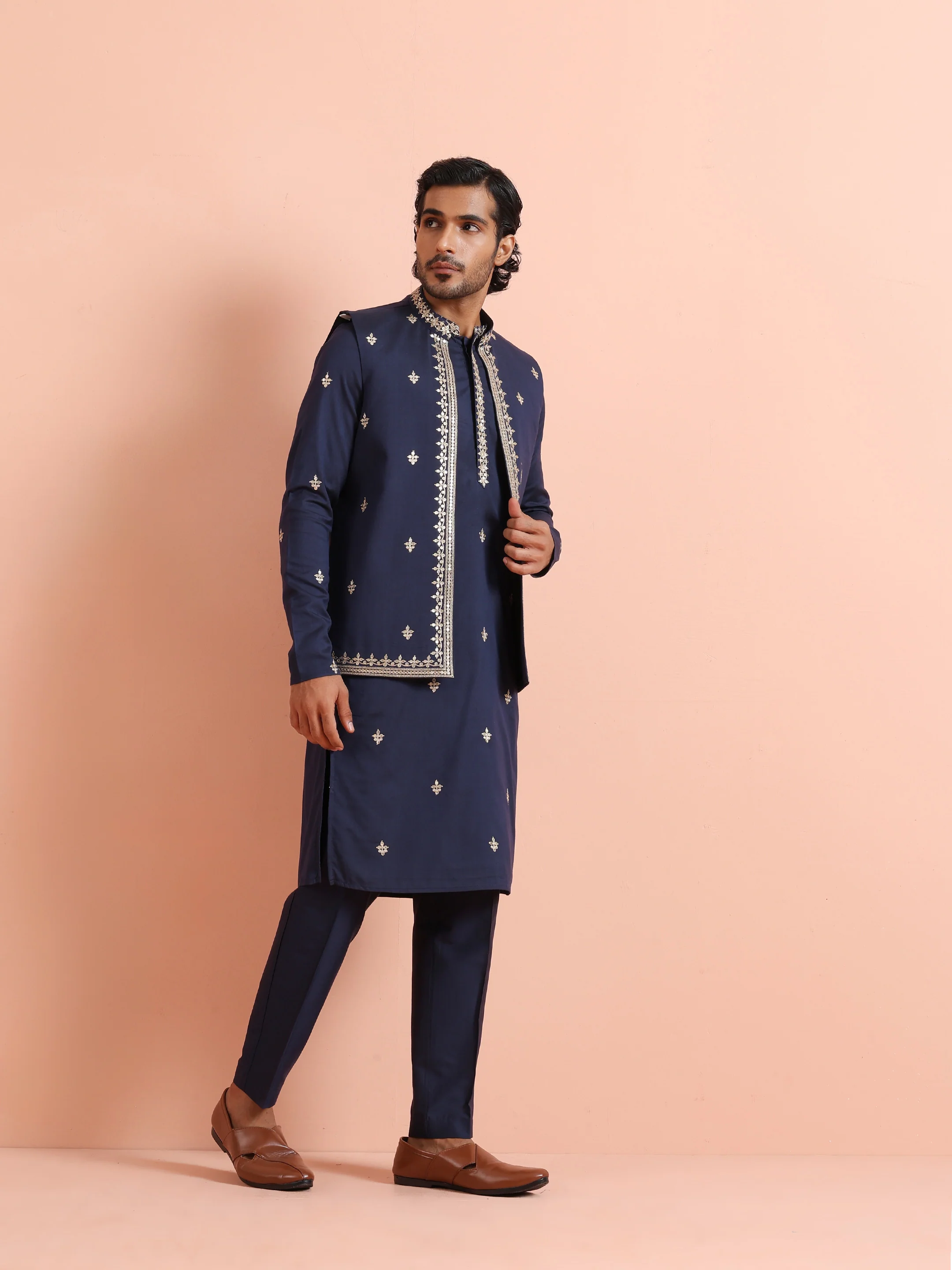 Navy Blue Silk Embroidered Jacket Kurta Trouser Set - Image 3