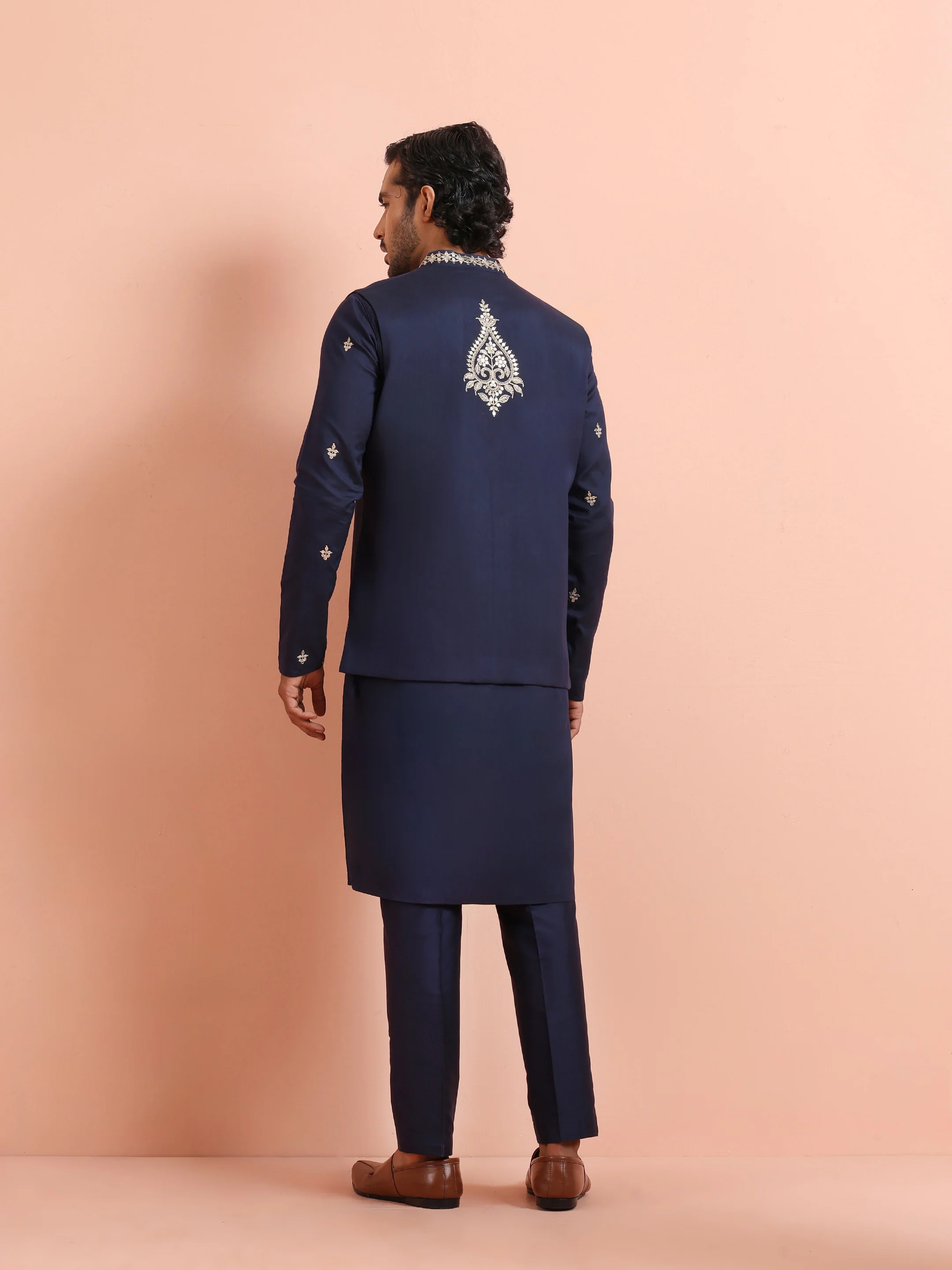 Navy Blue Silk Embroidered Jacket Kurta Trouser Set - Image 4