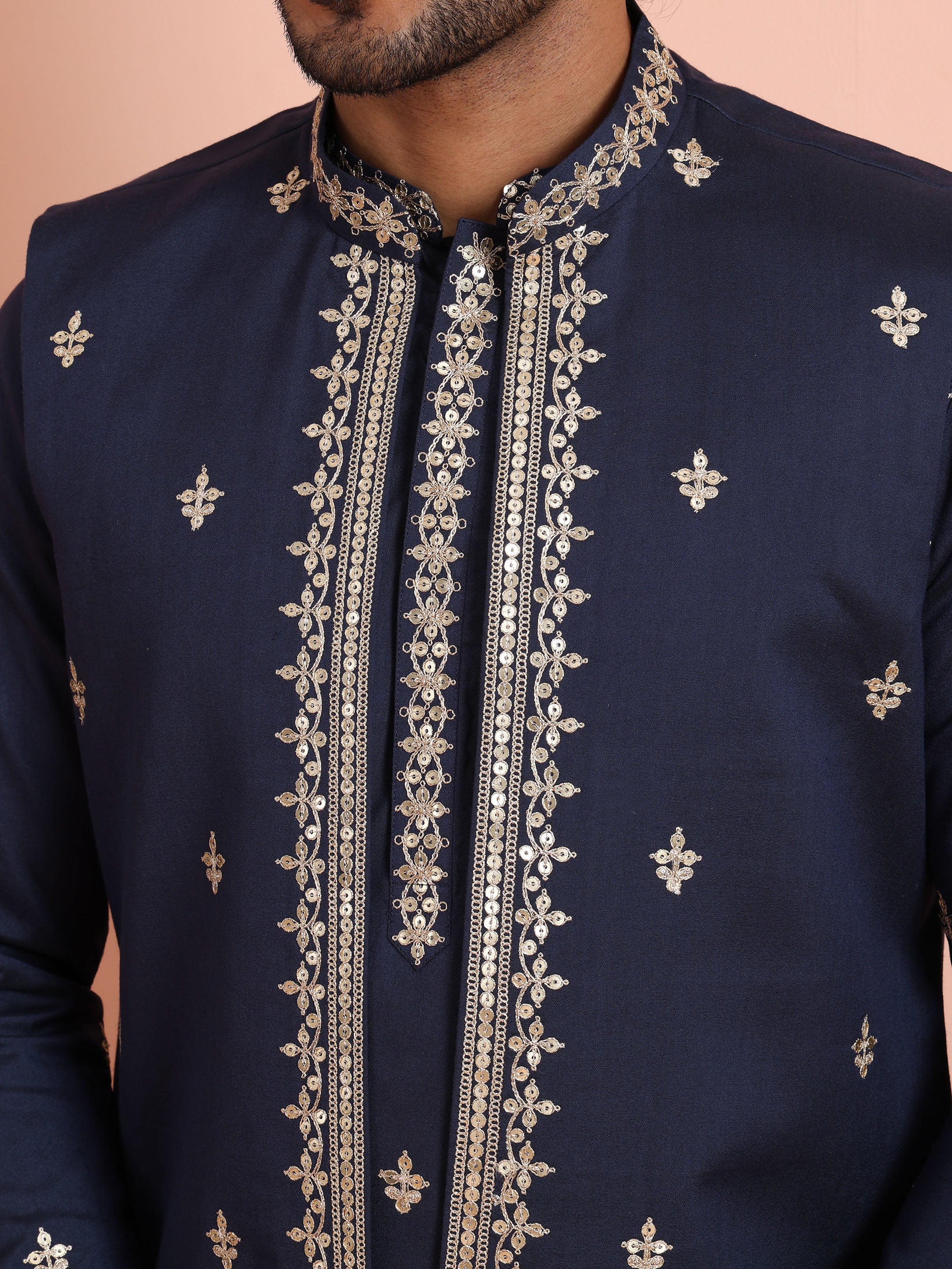 Navy Blue Silk Embroidered Jacket Kurta Trouser Set - Image 5