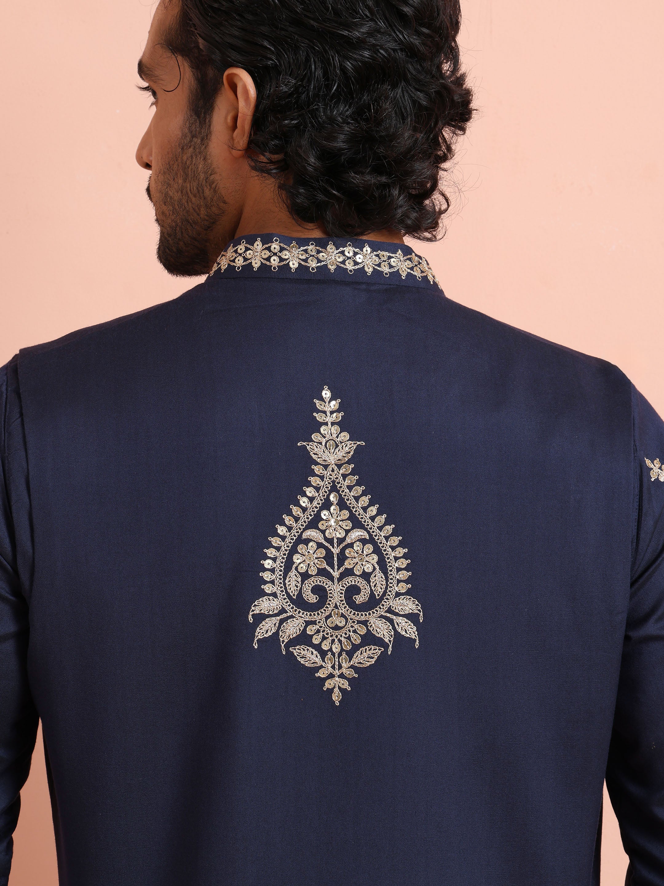 Navy Blue Silk Embroidered Jacket Kurta Trouser Set - Image 6