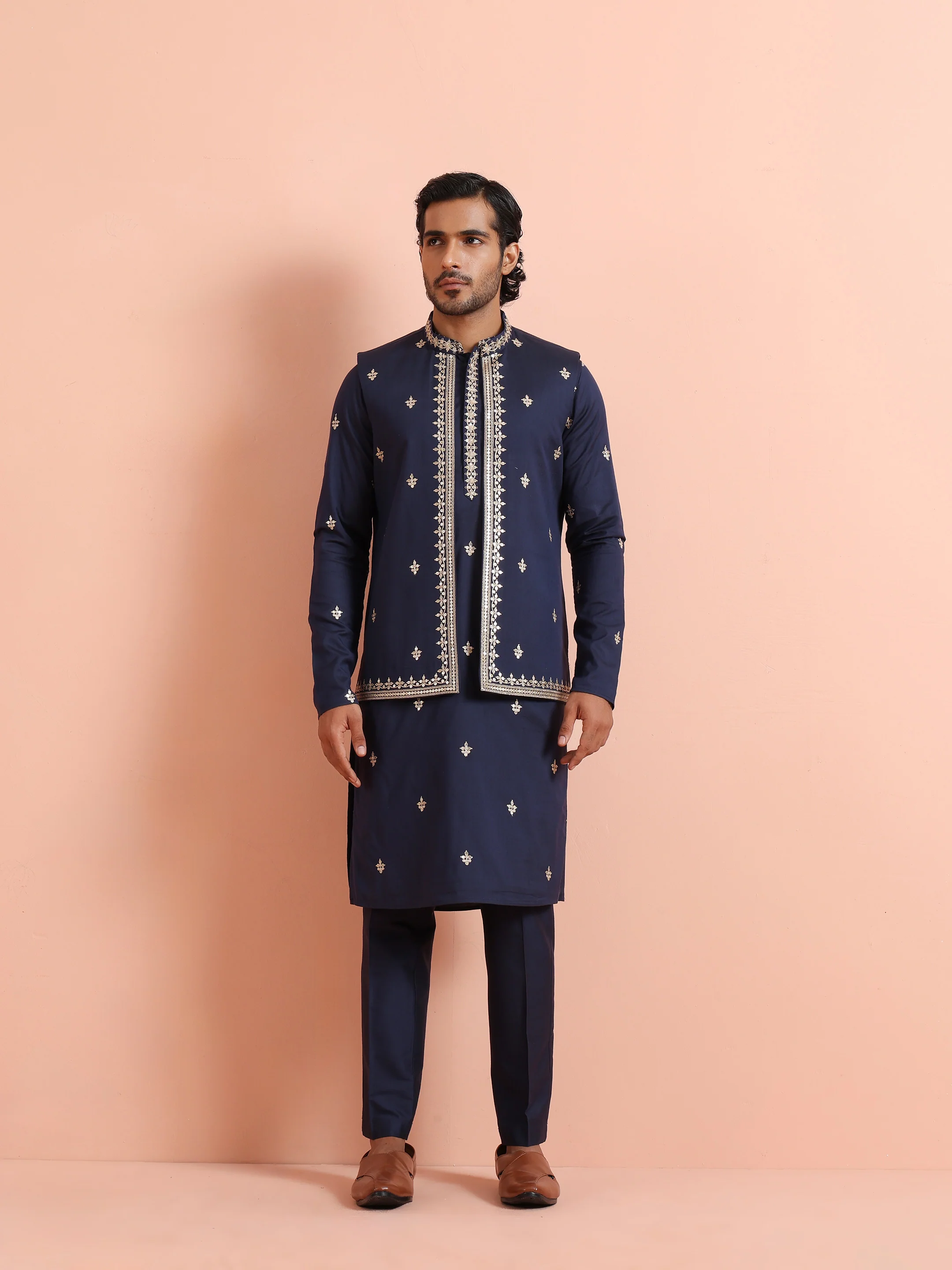 Navy Blue Silk Embroidered Jacket Kurta Trouser Set - Image 7