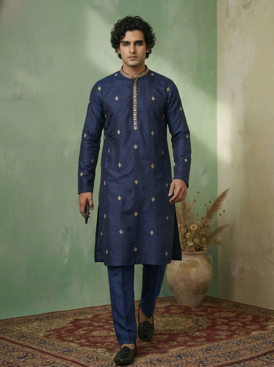 Navy Blue Poly Silk Embroidered Long Kurta