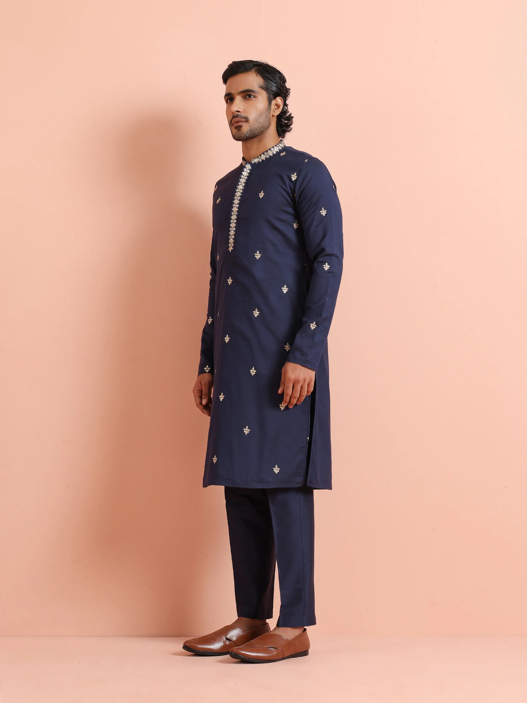 Navy Blue Poly Silk Embroidered Long Kurta - Image 2