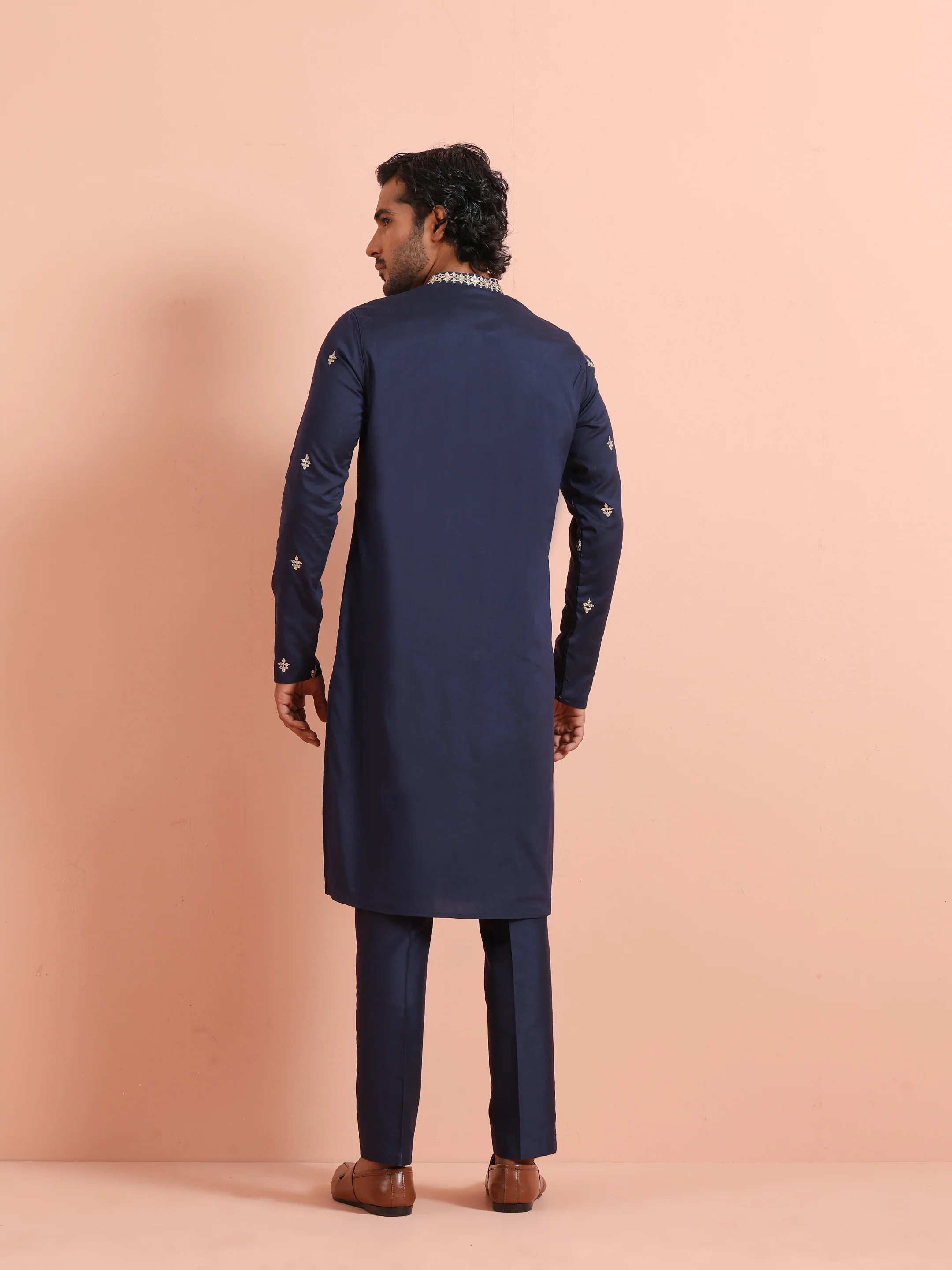 Navy Blue Poly Silk Embroidered Long Kurta - Image 4