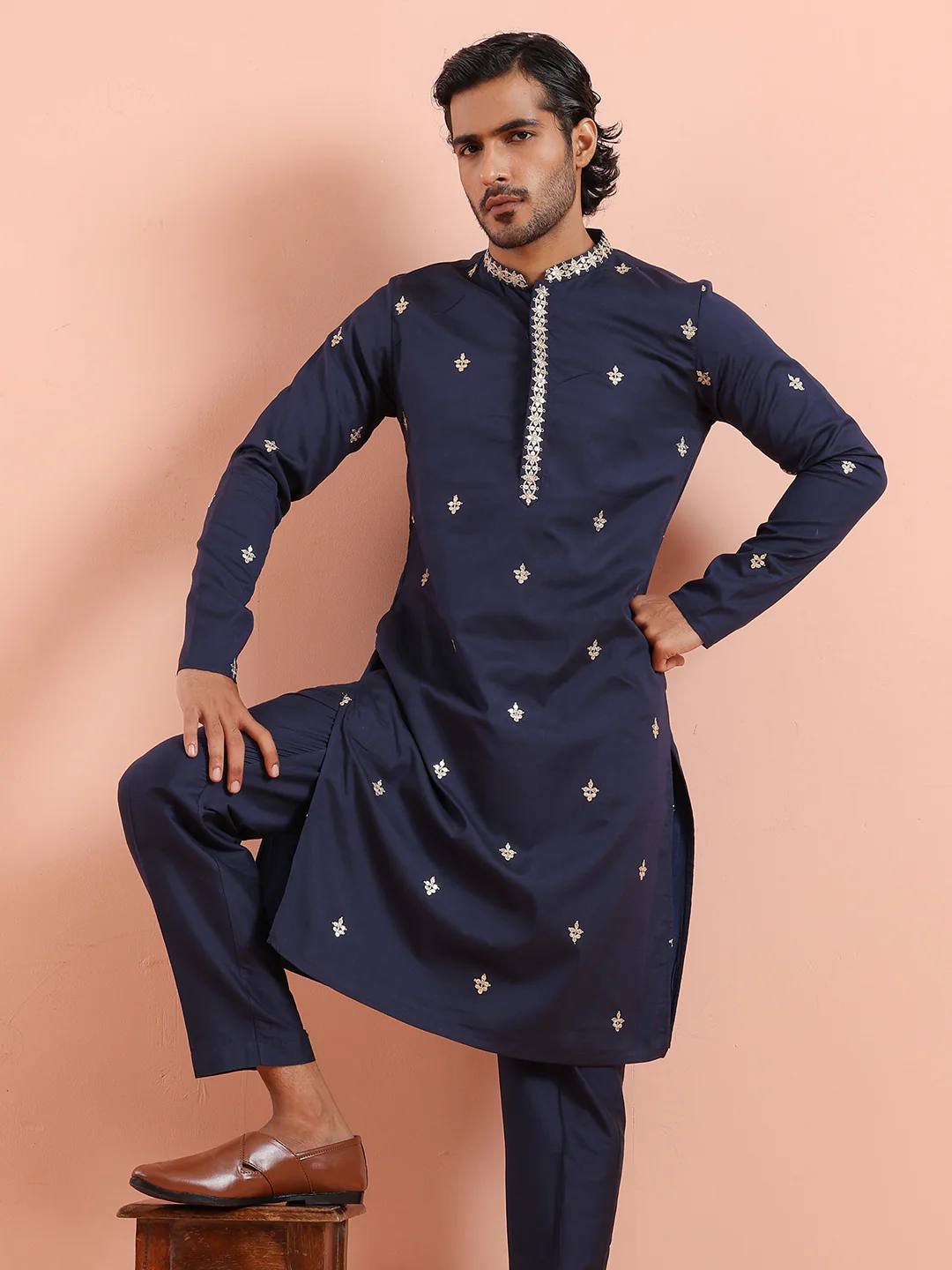 Navy Blue Poly Silk Embroidered Long Kurta - Image 8