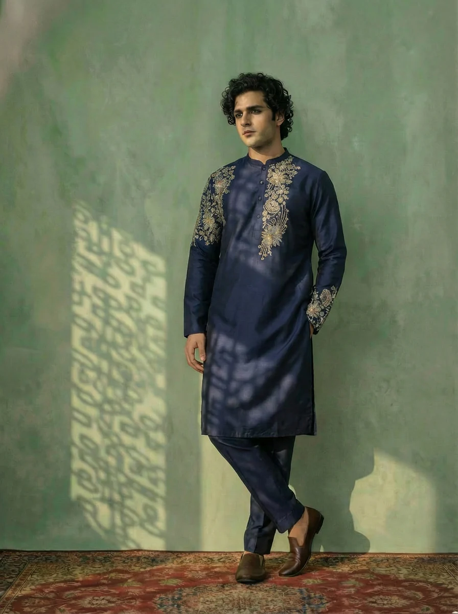 Navy Blue Poly Silk Floral Embroidered Kurta Trouser Set