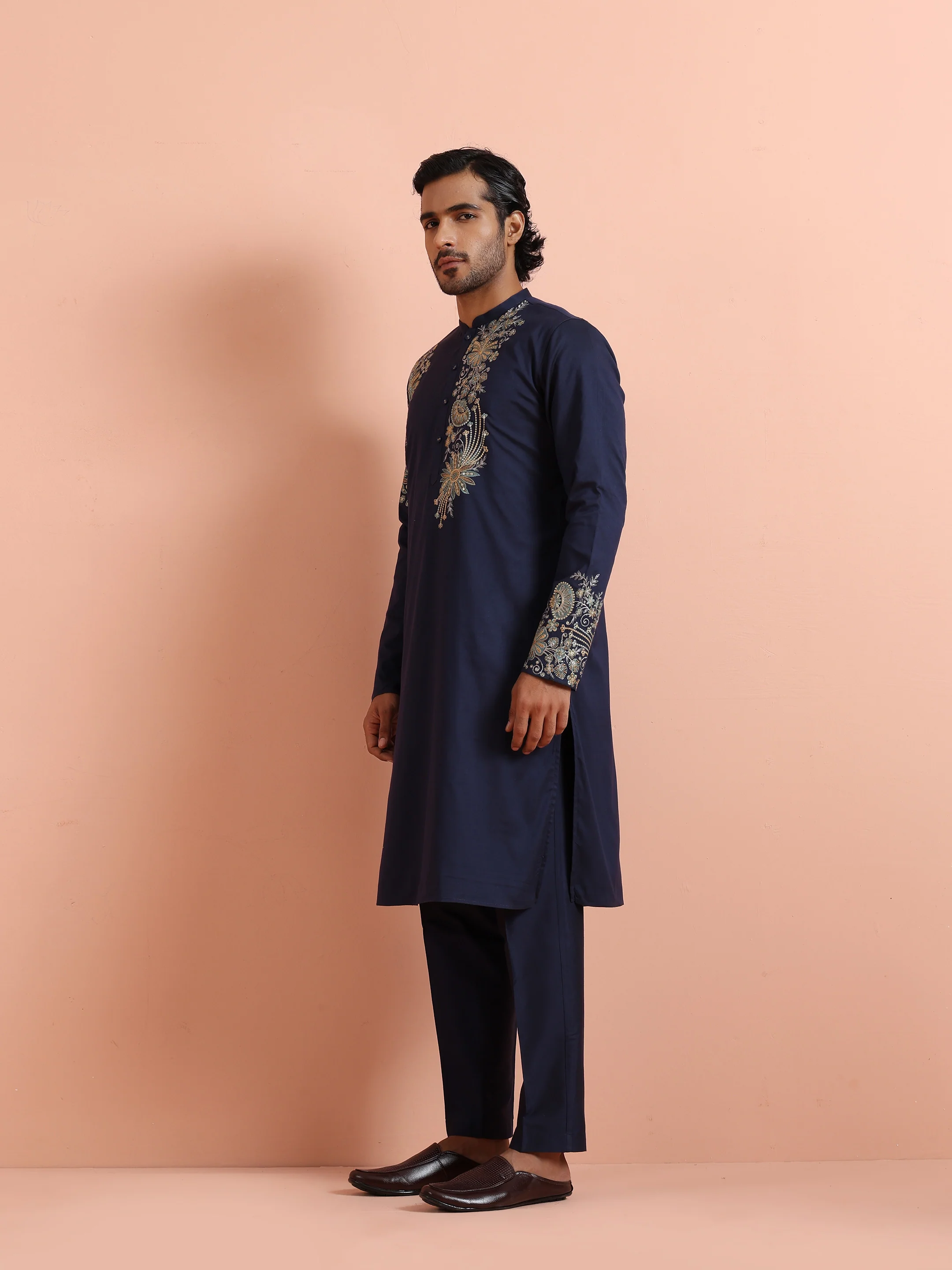 Navy Blue Poly Silk Floral Embroidered Kurta Trouser Set - Image 3