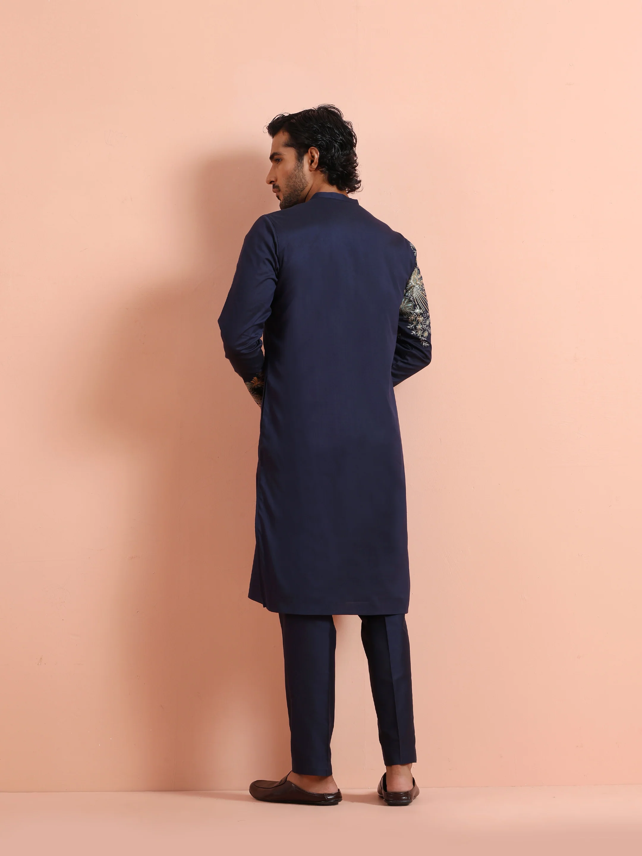 Navy Blue Poly Silk Floral Embroidered Kurta Trouser Set - Image 4