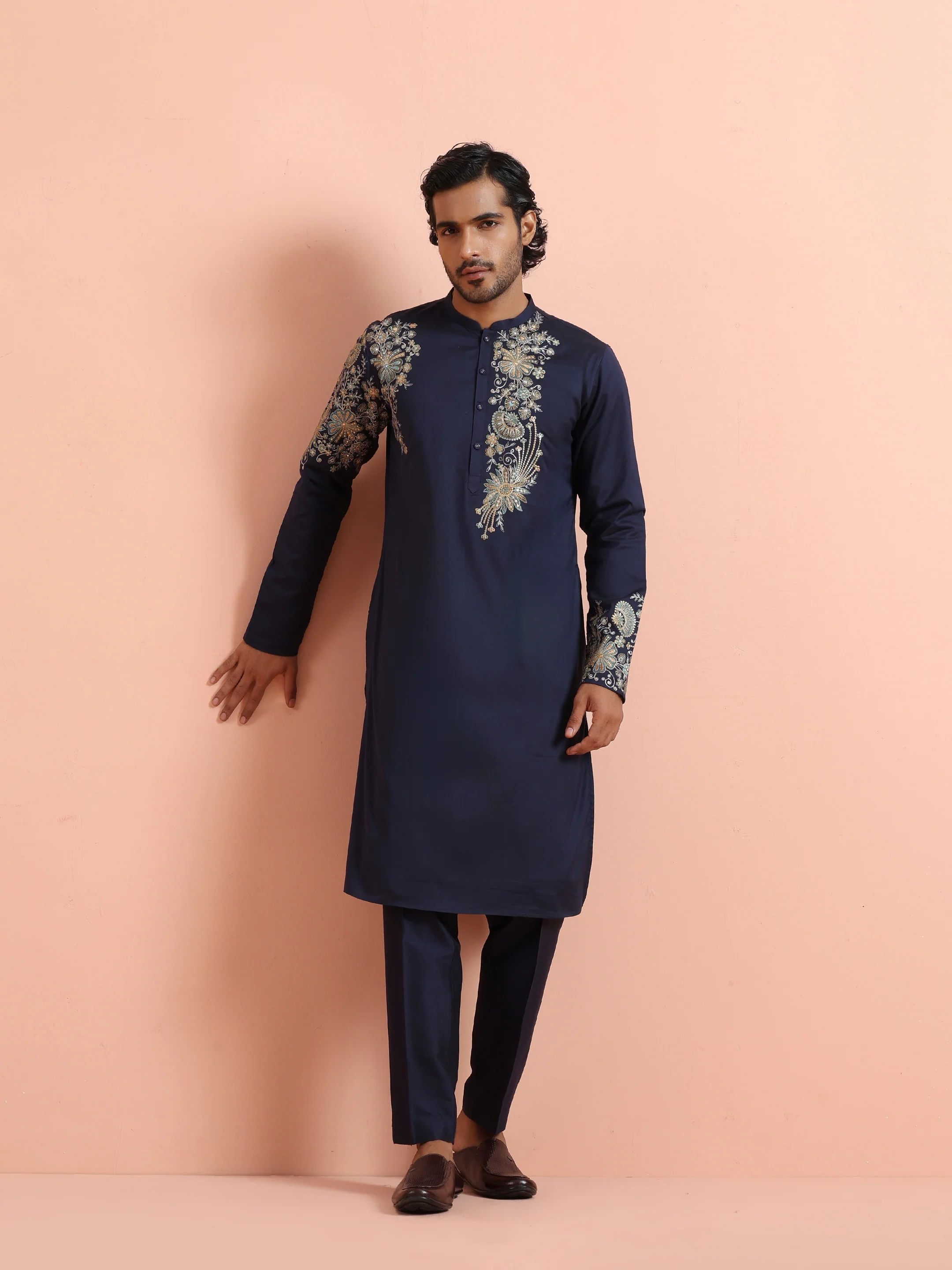 Navy Blue Poly Silk Floral Embroidered Kurta Trouser Set - Image 7