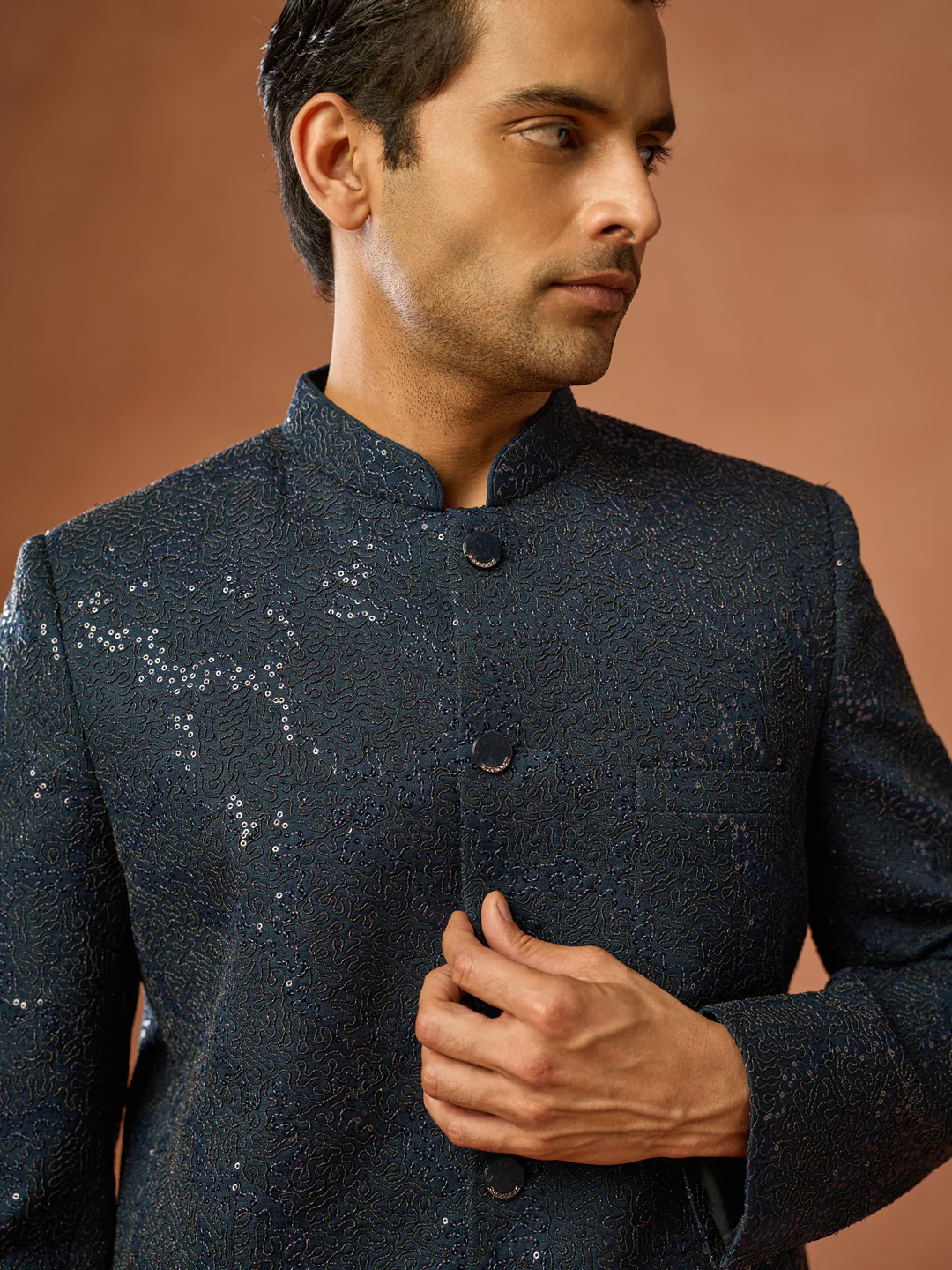 Navy Blue Sequinned Textured Bandhgala Jodhpuri - Image 5