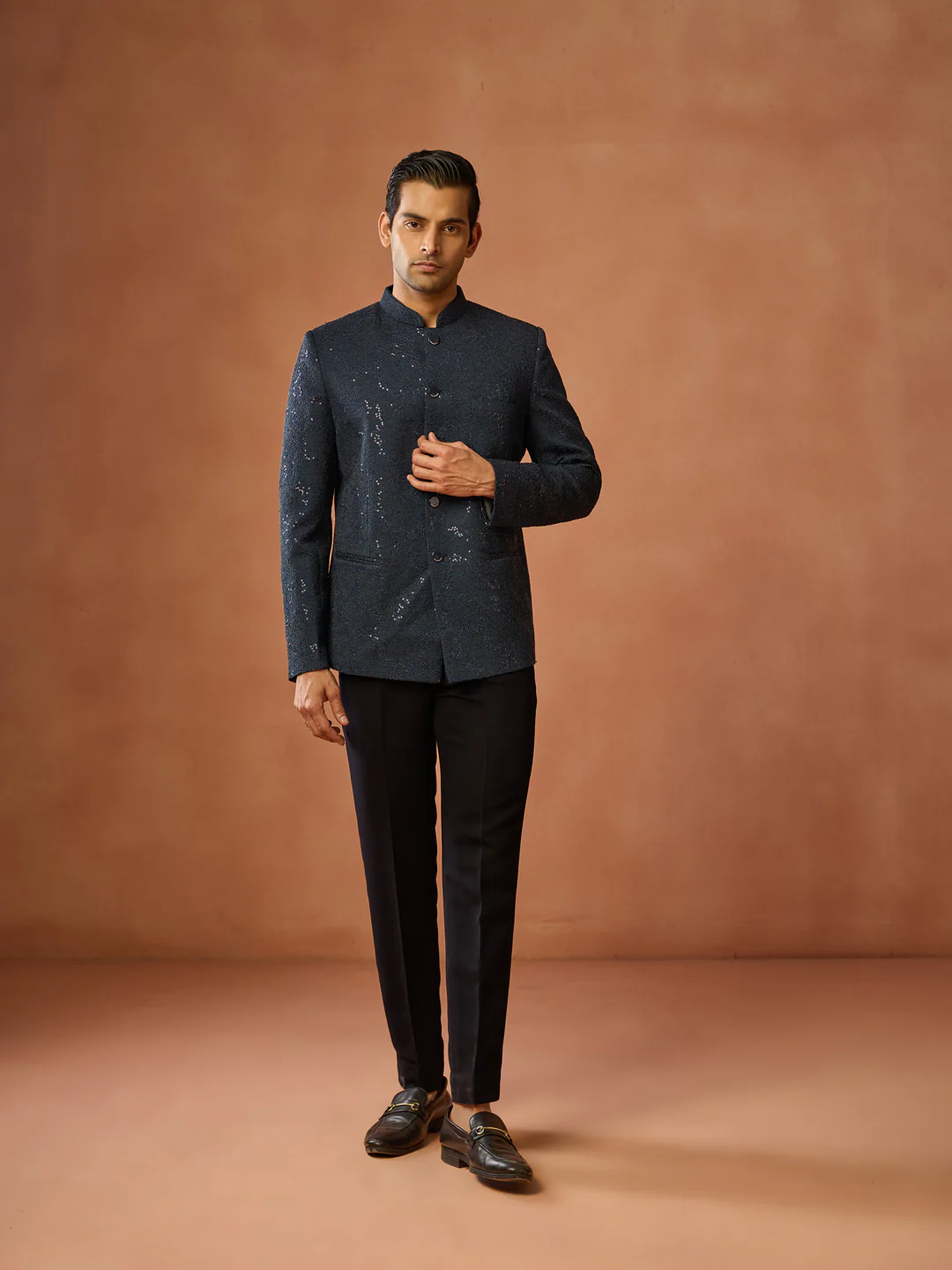 Navy Blue Sequinned Textured Bandhgala Jodhpuri - Image 7