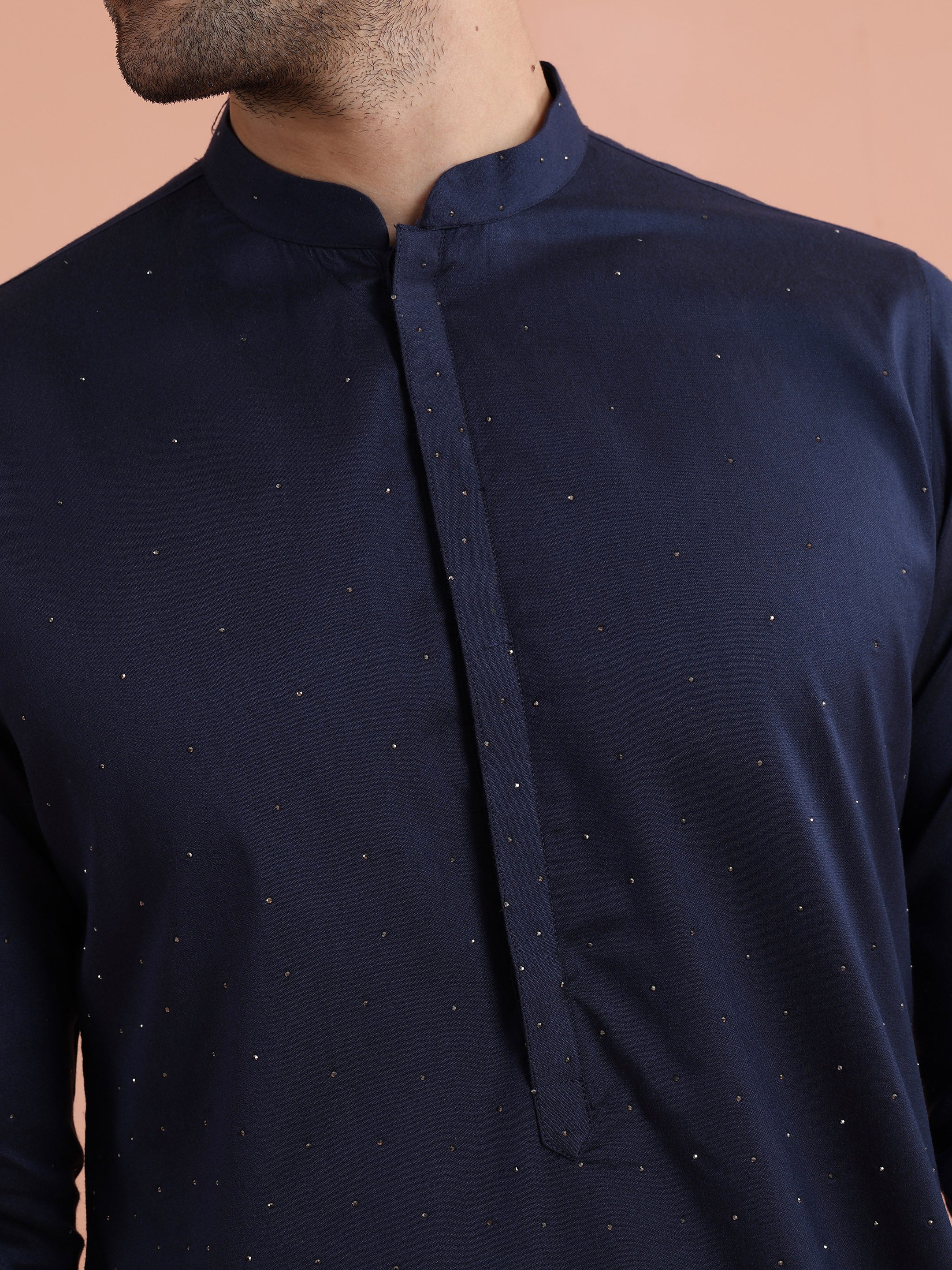 Navy Blue Silk Ombre Embellished Kurta Trouser Set - Image 5