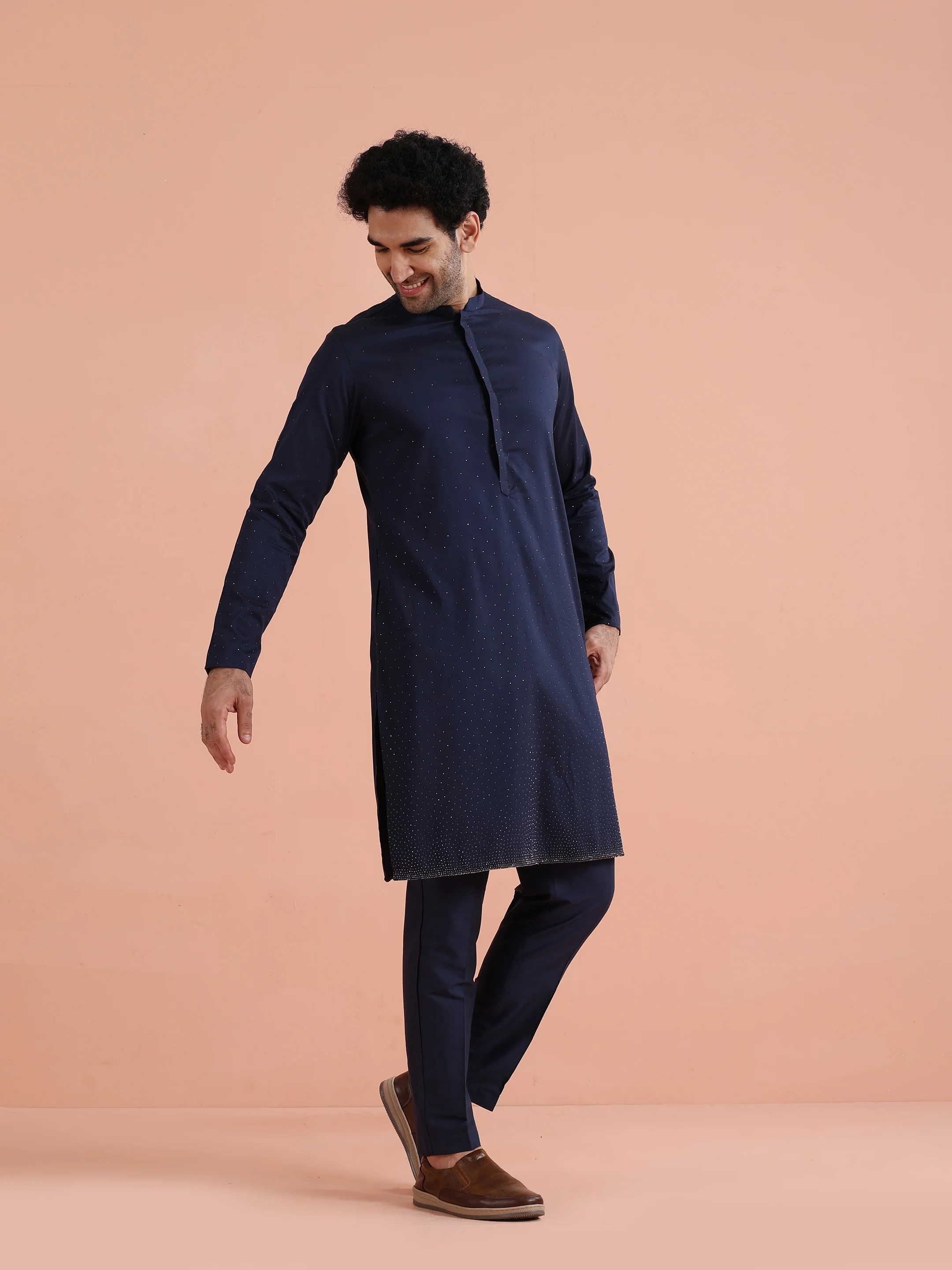 Navy Blue Poly Silk Swarovski Work Long Kurta - Image 3