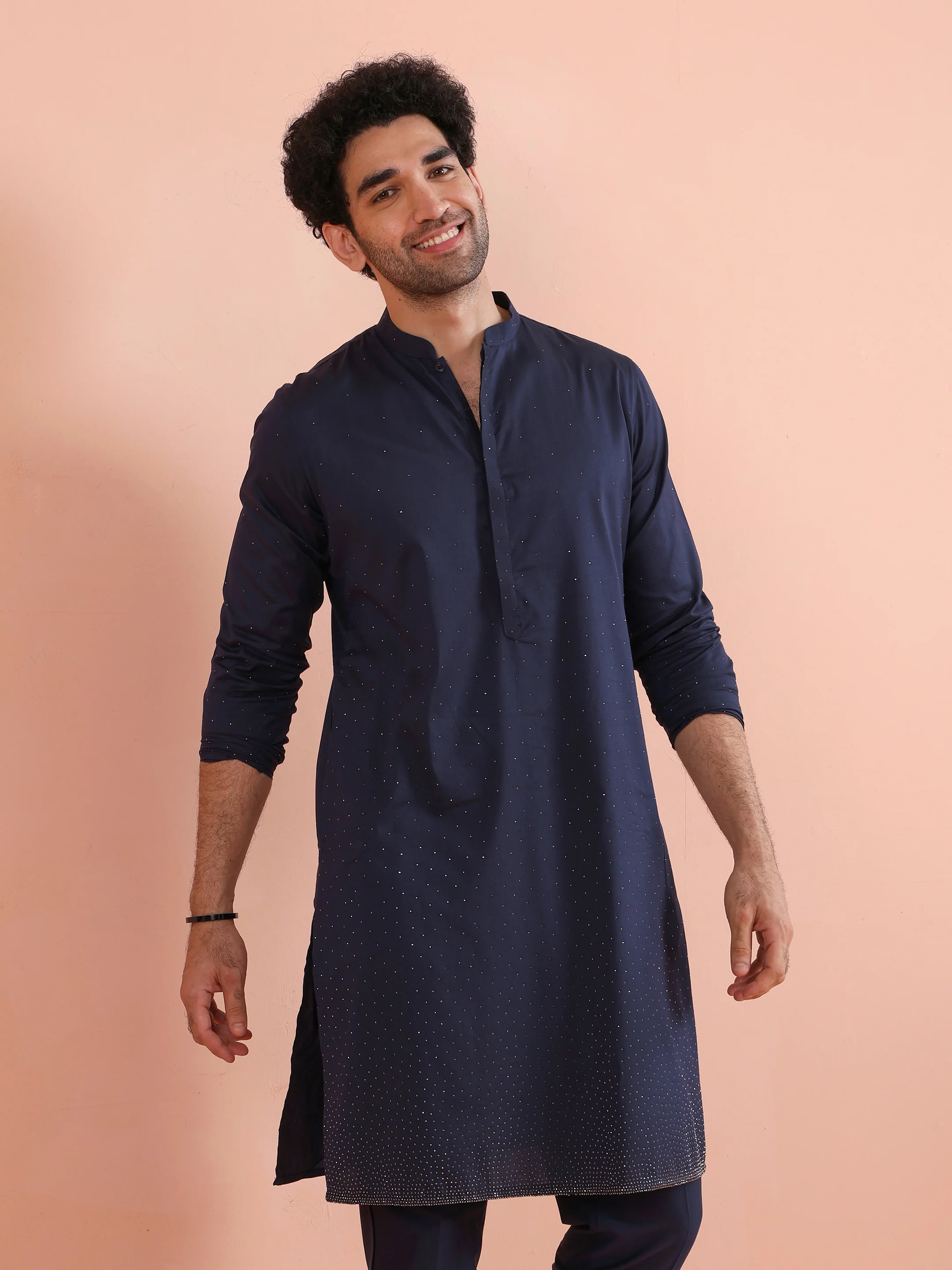 Navy Blue Poly Silk Swarovski Work Long Kurta - Image 8
