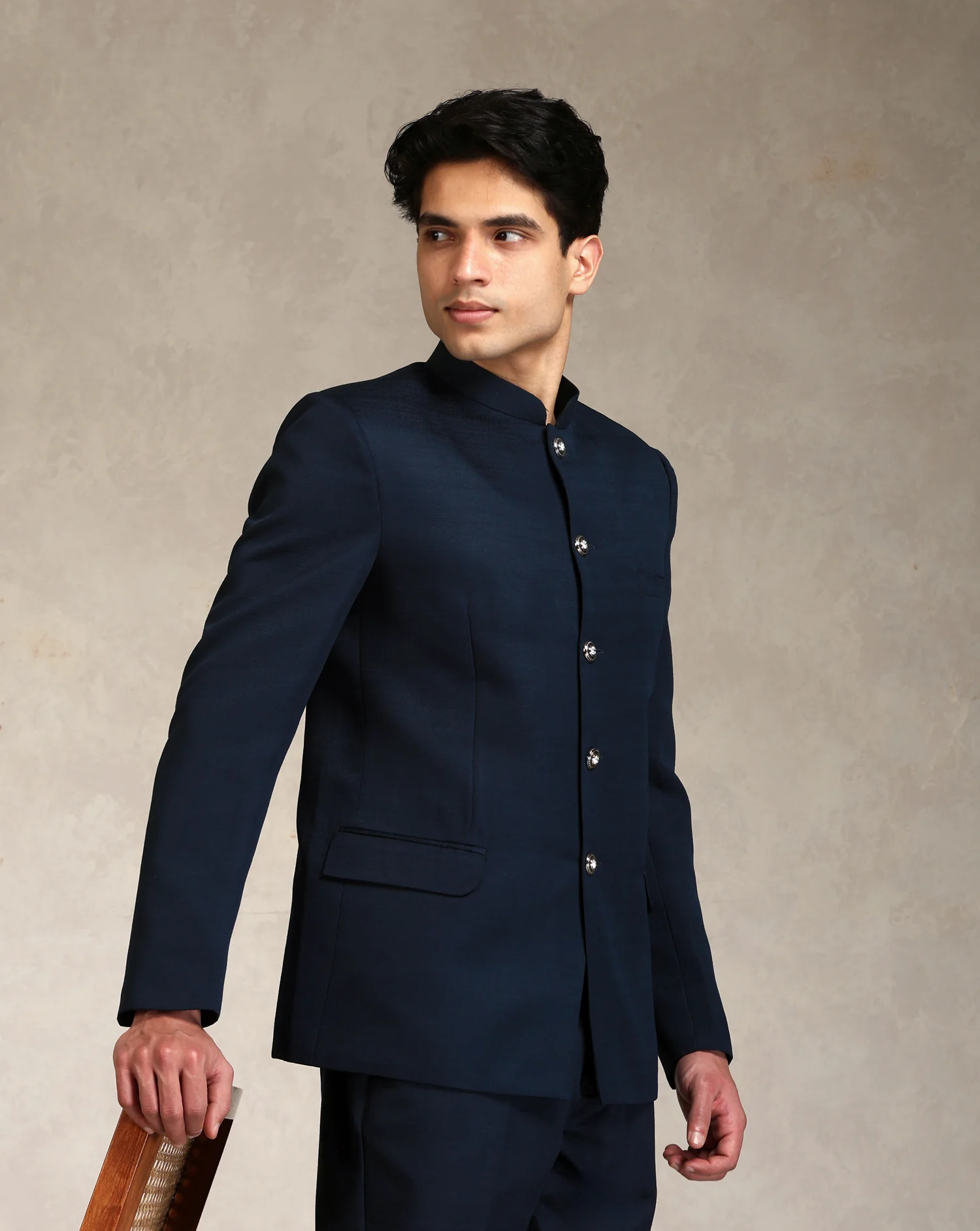Navy Blue Poly Viscose Solid Bandhgala Trouser Set - Image 7