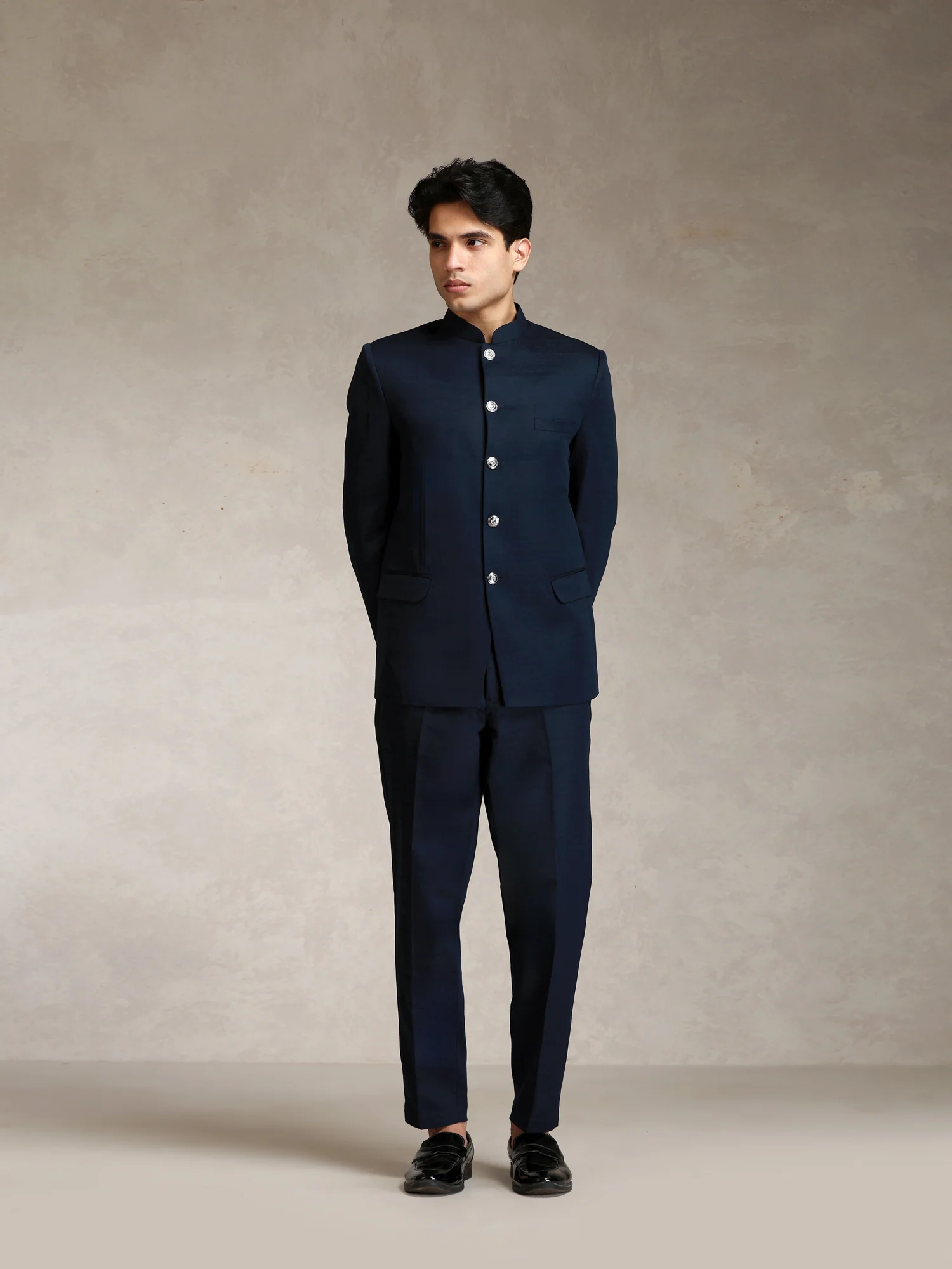 Navy Blue Poly Viscose Solid Bandhgala Trouser Set - Image 8