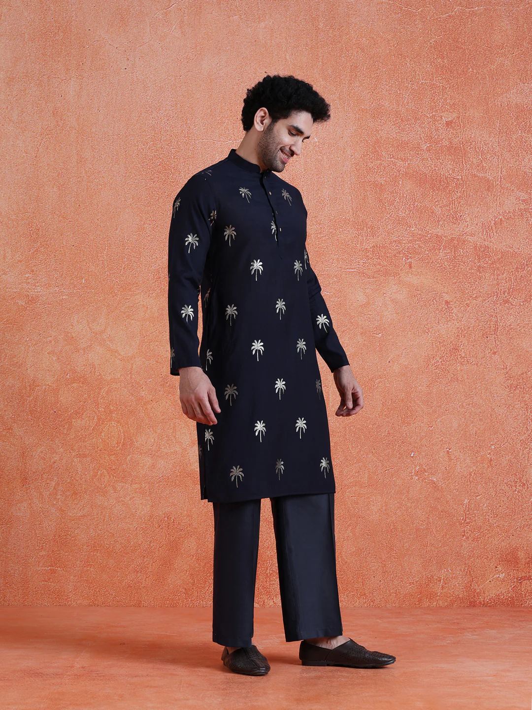 Navy Blue Polyrayon Gold Print Kurta Wide Leg Trouser Set - Image 2