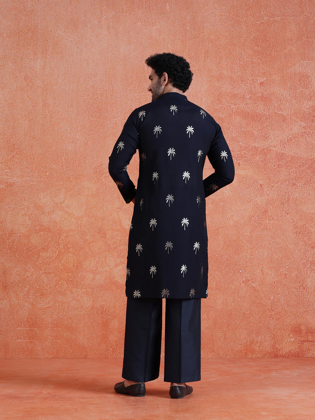 Navy Blue Polyrayon Gold Print Kurta Wide Leg Trouser Set - Image 4