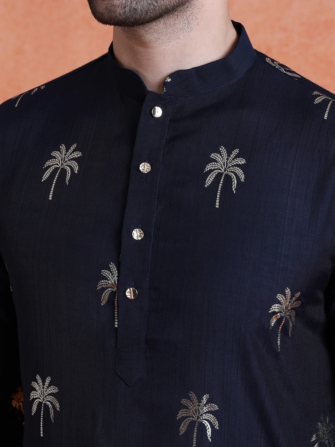 Navy Blue Polyrayon Gold Print Kurta Wide Leg Trouser Set - Image 5