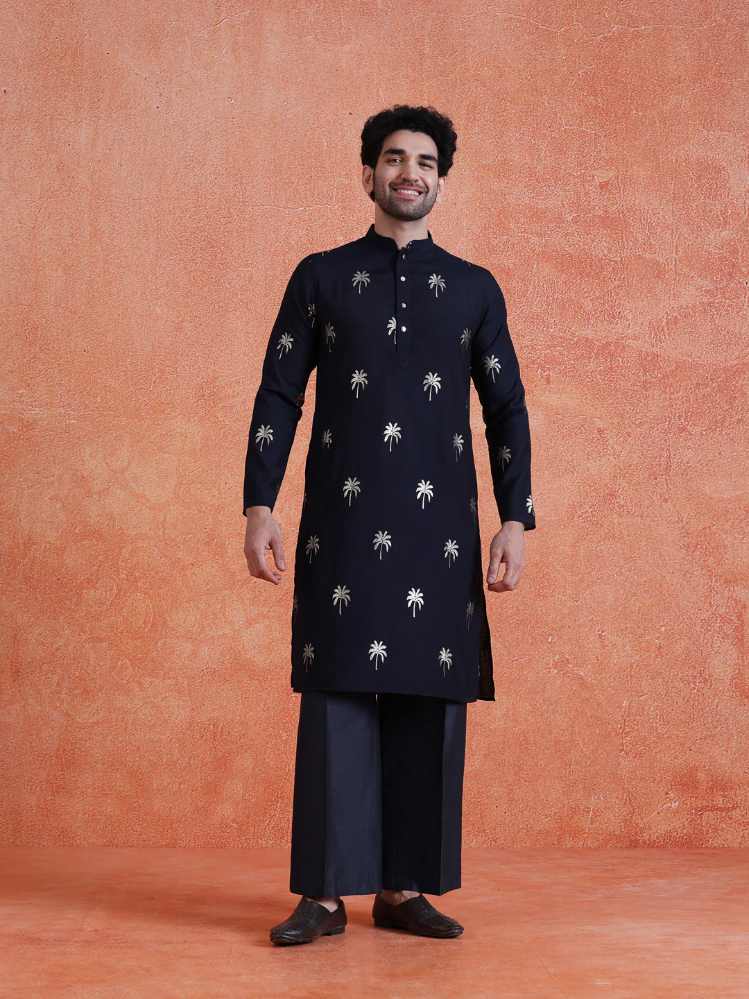 Navy Blue Polyrayon Gold Print Kurta Wide Leg Trouser Set - Image 7