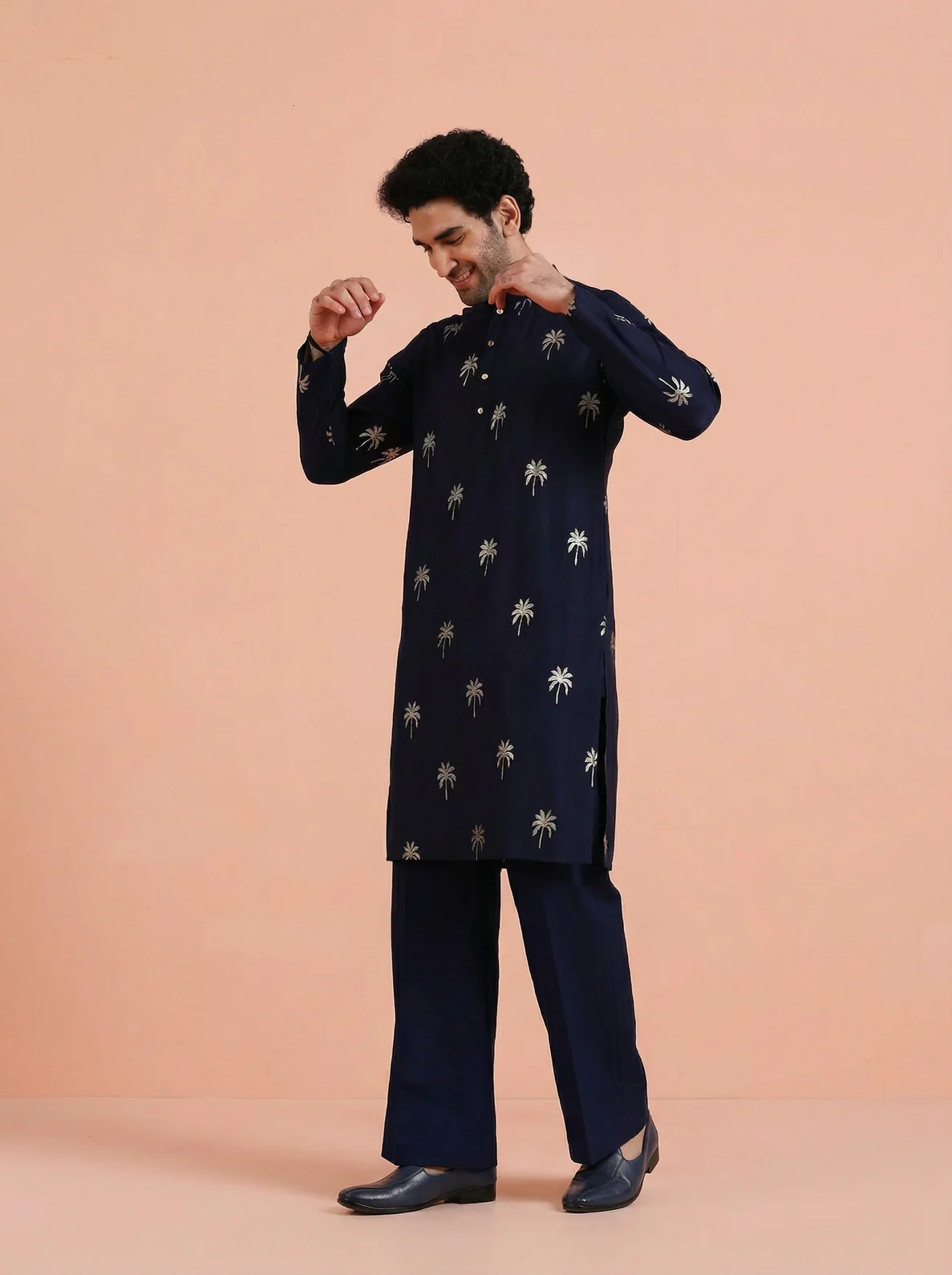 Navy Blue Polyrayon Gold Print Kurta Wide Leg Trouser Set - Image 2