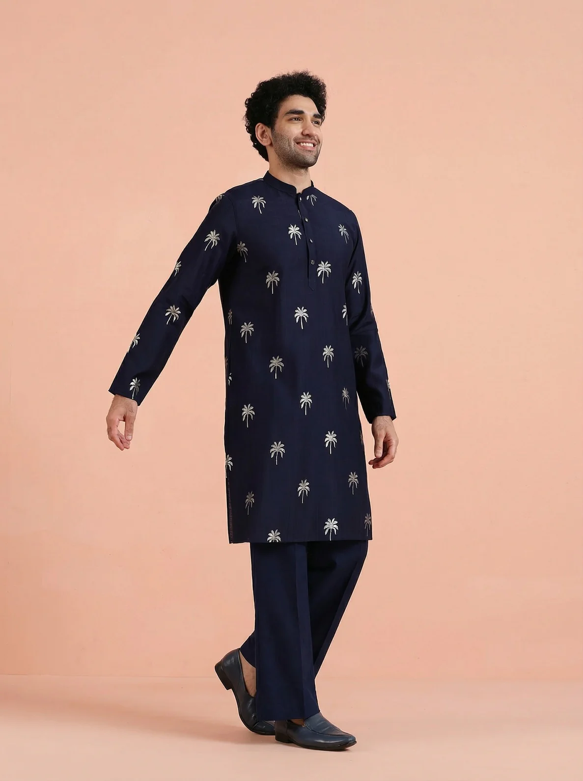 Navy Blue Polyrayon Gold Print Kurta Wide Leg Trouser Set - Image 6