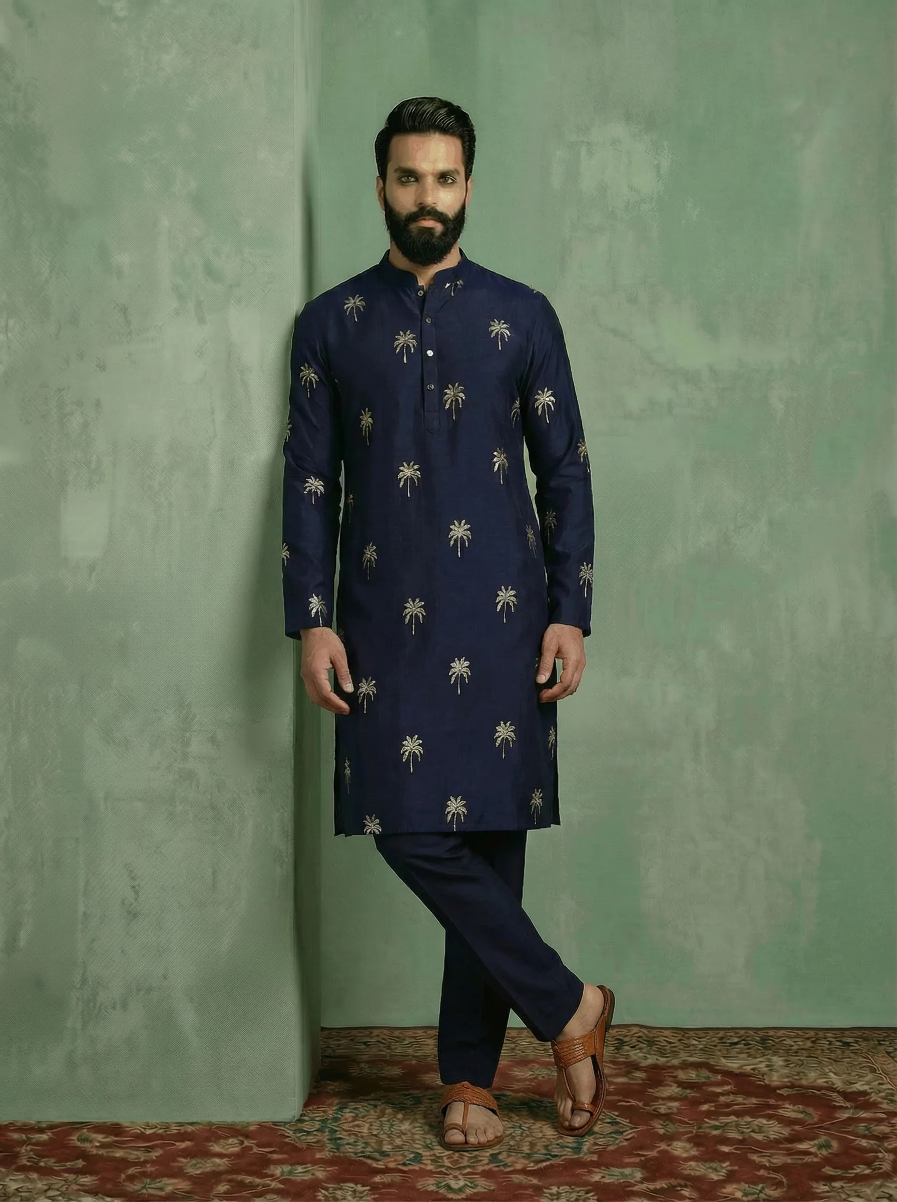 Navy Blue Polyrayon Gold Printed Kurta