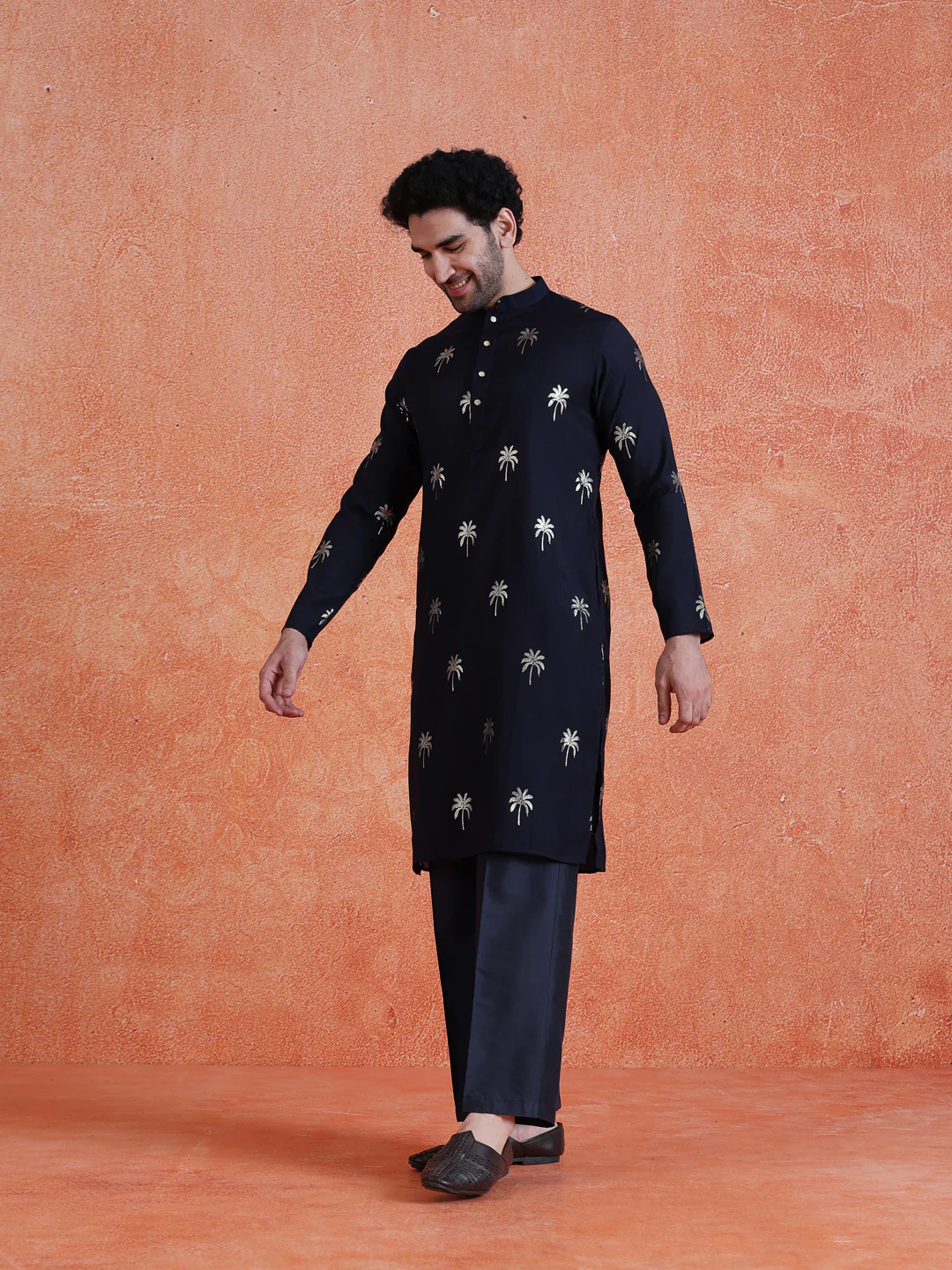 Navy Blue Polyrayon Gold Printed Kurta - Image 3